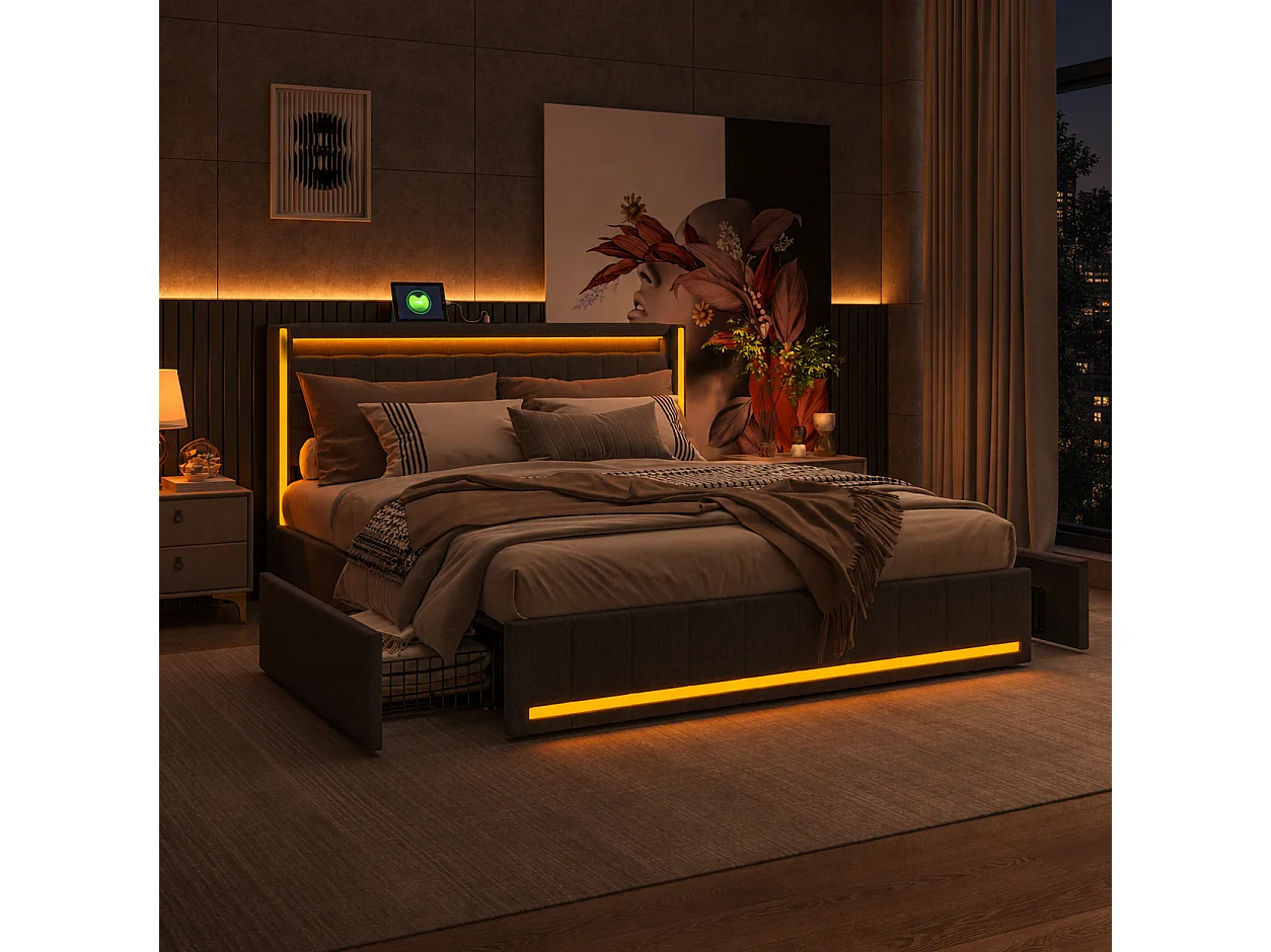 Lit Coffre 160x200 avec Tiroirs de Rangement, Lit double avec LED et USB, Lit rembourré avec sommier à Lattes et tête de lit, Linen, Gris foncé