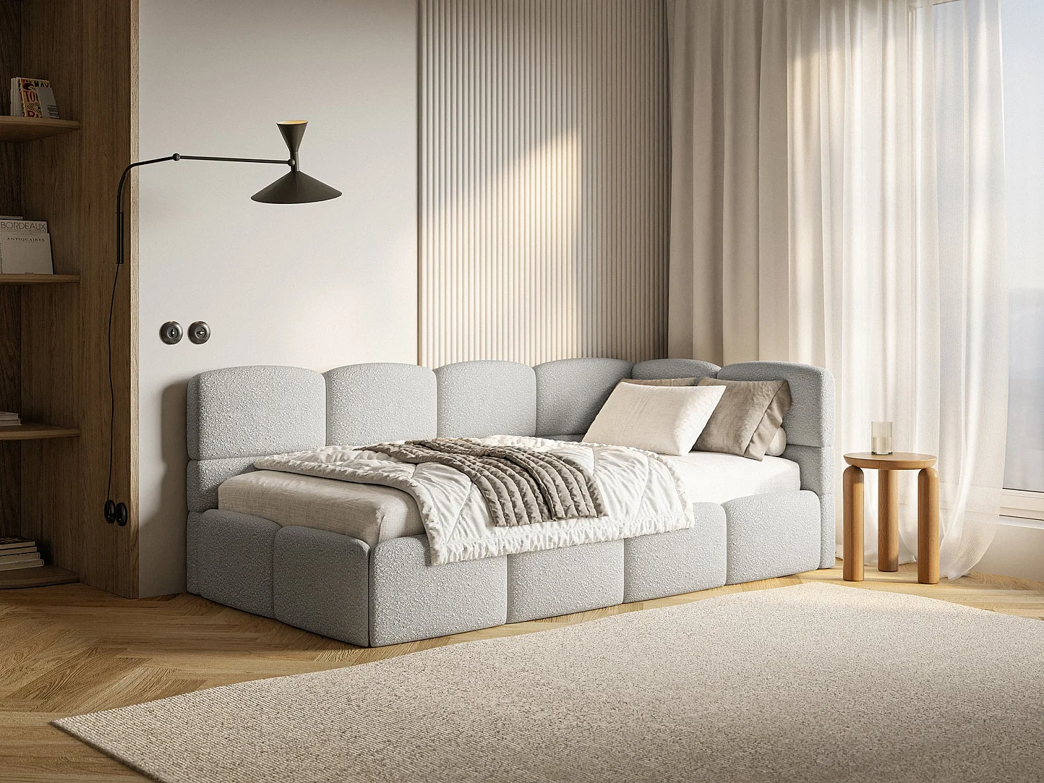 Lit ado 120x200 cm – tête de lit à droite – bouclé gris clair – CLOUDY