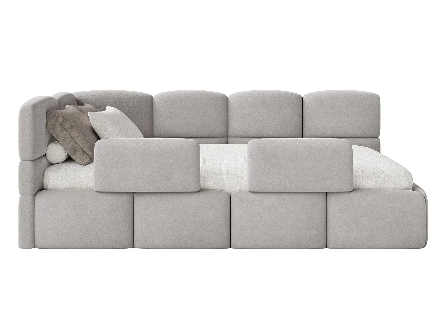 Lit enfant 90x200 – barrière – tête de lit à gauche – velours Gris clair – CLOUDY