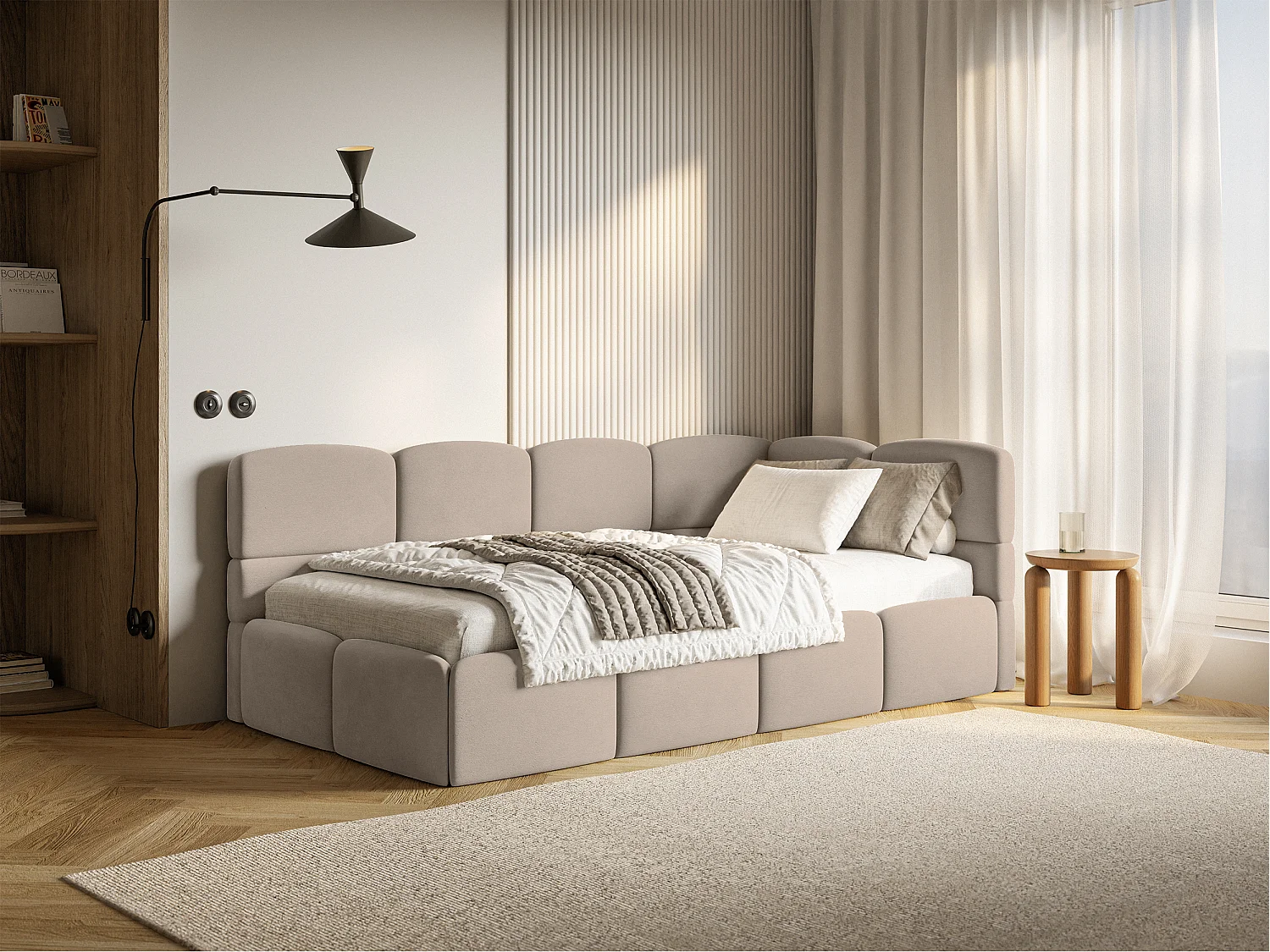 Lit ado 120x200 cm – tête de lit à droite – velours beige – CLOUDY