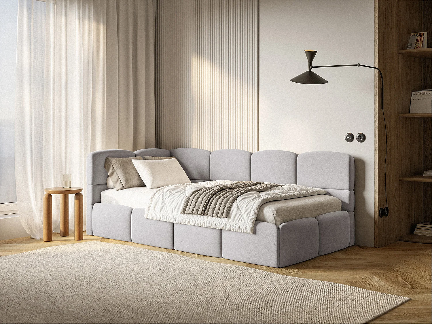 Lit ado 90x200 avec matelas – tête de lit à gauche – velours Gris clair – CLOUDY