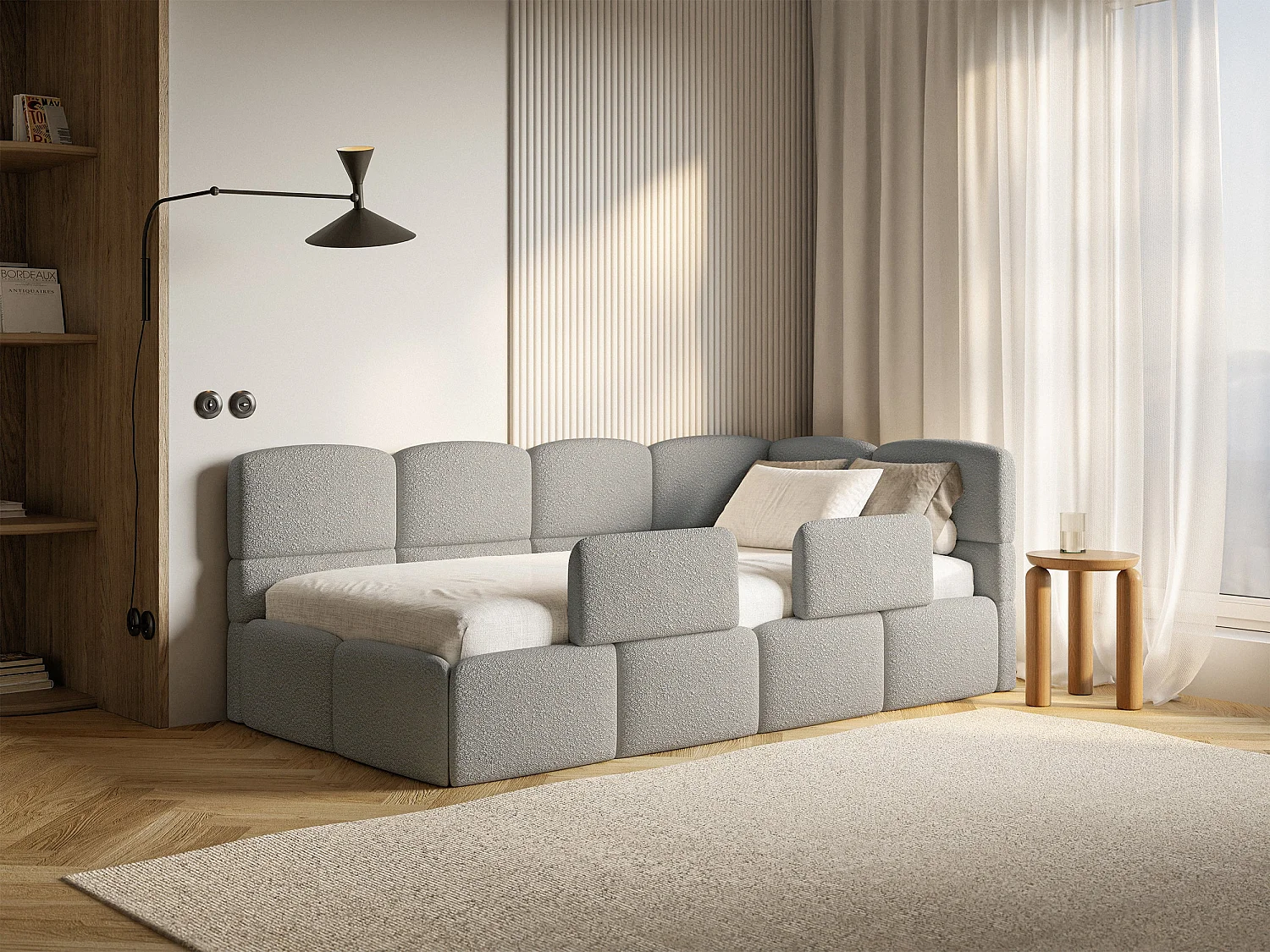 Kinderbed 120 cm – Opbergbak – 2x Uitvalbeveiliging – Bouclé – rechts – Grijs – CLOUDY