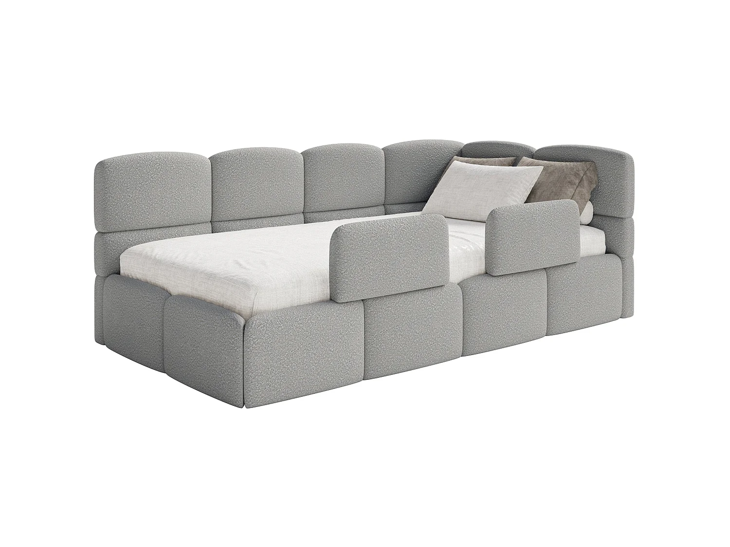 Kinderbed 120 cm – Opbergbak – 2x Uitvalbeveiliging – Bouclé – rechts – Grijs – CLOUDY