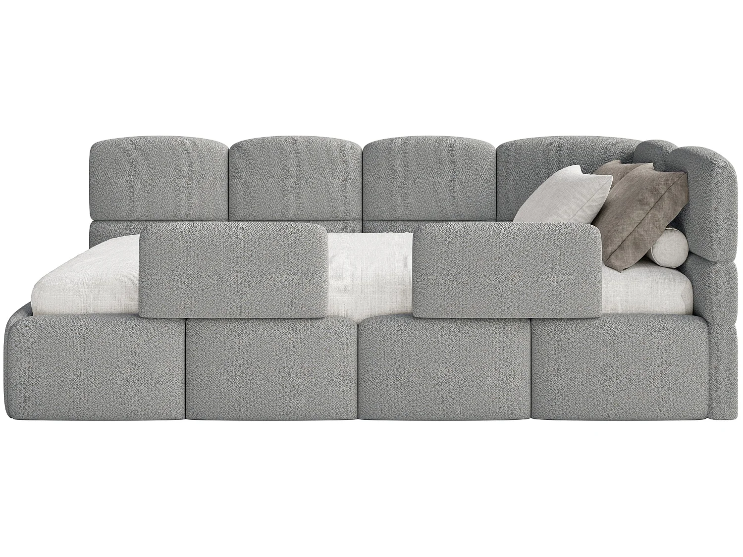 Kinderbed 120 cm – Opbergbak – 2x Uitvalbeveiliging – Bouclé – rechts – Grijs – CLOUDY