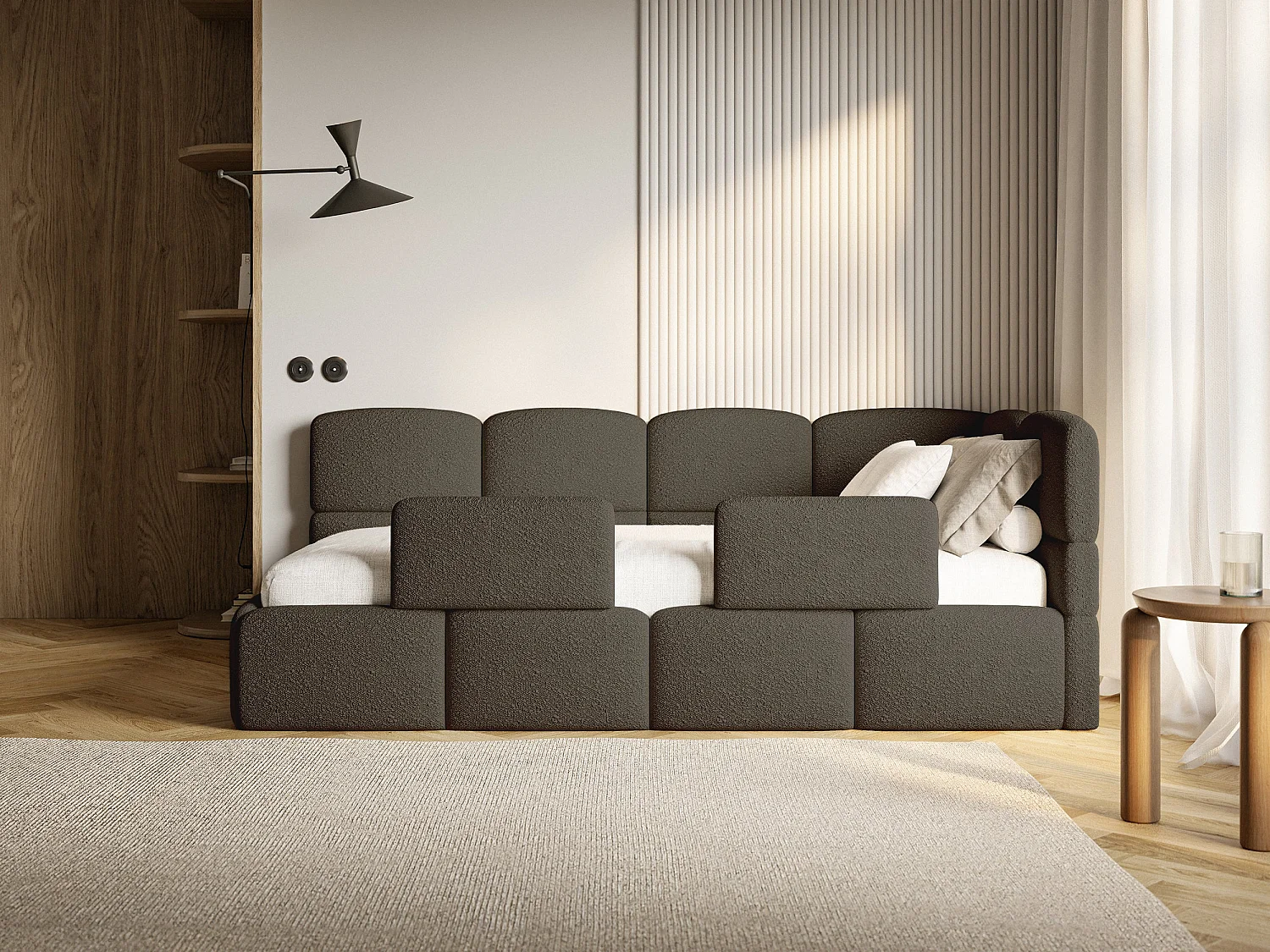 Lit enfant 120x200 cm – tête de lit à droite– matelas & coffre de rangement – en bouclé marron – CLOUDY