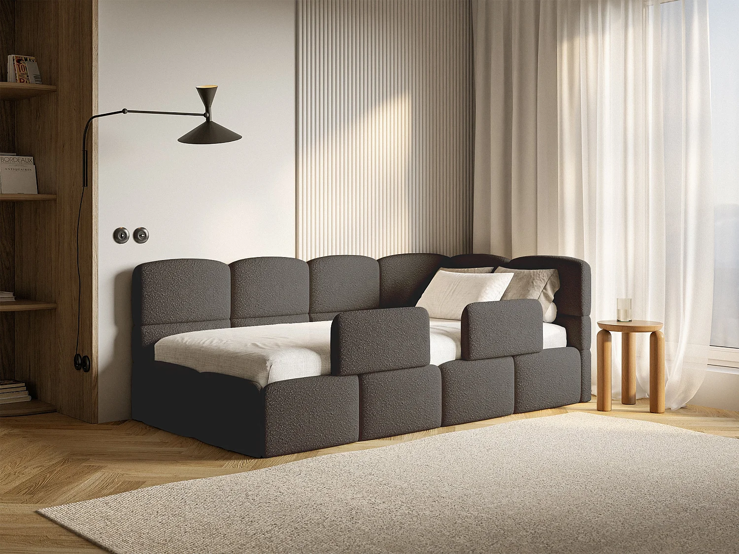 Lit enfant 120x200 cm – tête de lit à droite– matelas & coffre de rangement – en bouclé marron – CLOUDY