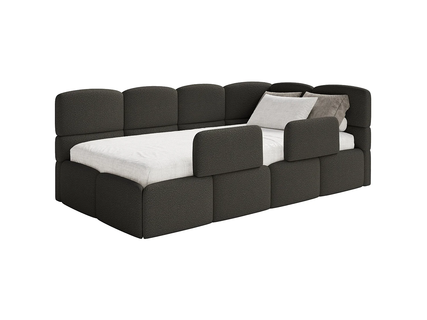 Lit enfant 120x200 cm – tête de lit à droite– matelas & coffre de rangement – en bouclé marron – CLOUDY