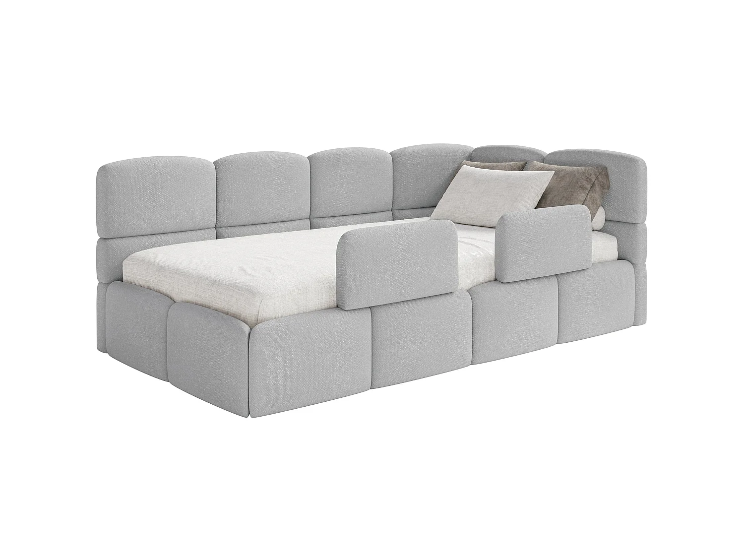 Kinderbett 120 cm – Bettkasten – 2x Rausfallschutz – Chenille – rechts – Hellgrau – CLOUDY