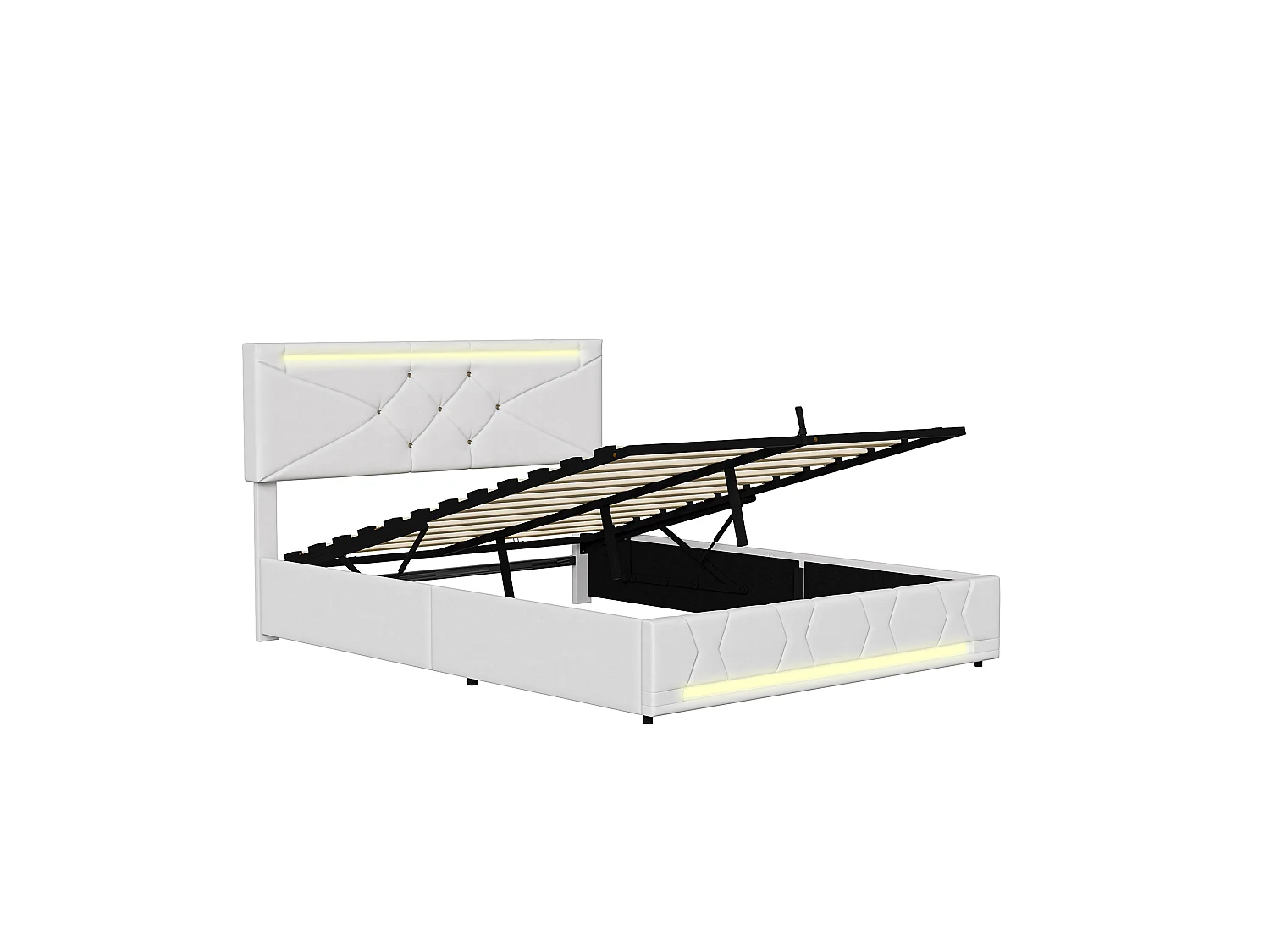 Lit Coffre 140x190 cm avec LED RGB et USB, Lit Double adulte avec Sommier à Lattes, Tête de Lit Réglable, Cadre de Lit en Métal, Lin, Blanc