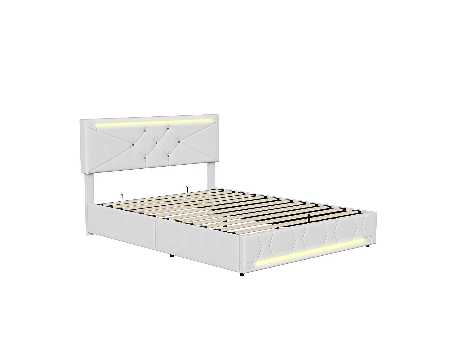 Lit Coffre 140x190 cm avec LED RGB et USB, Lit Double adulte avec Sommier à Lattes, Tête de Lit Réglable, Cadre de Lit en Métal, Lin, Blanc