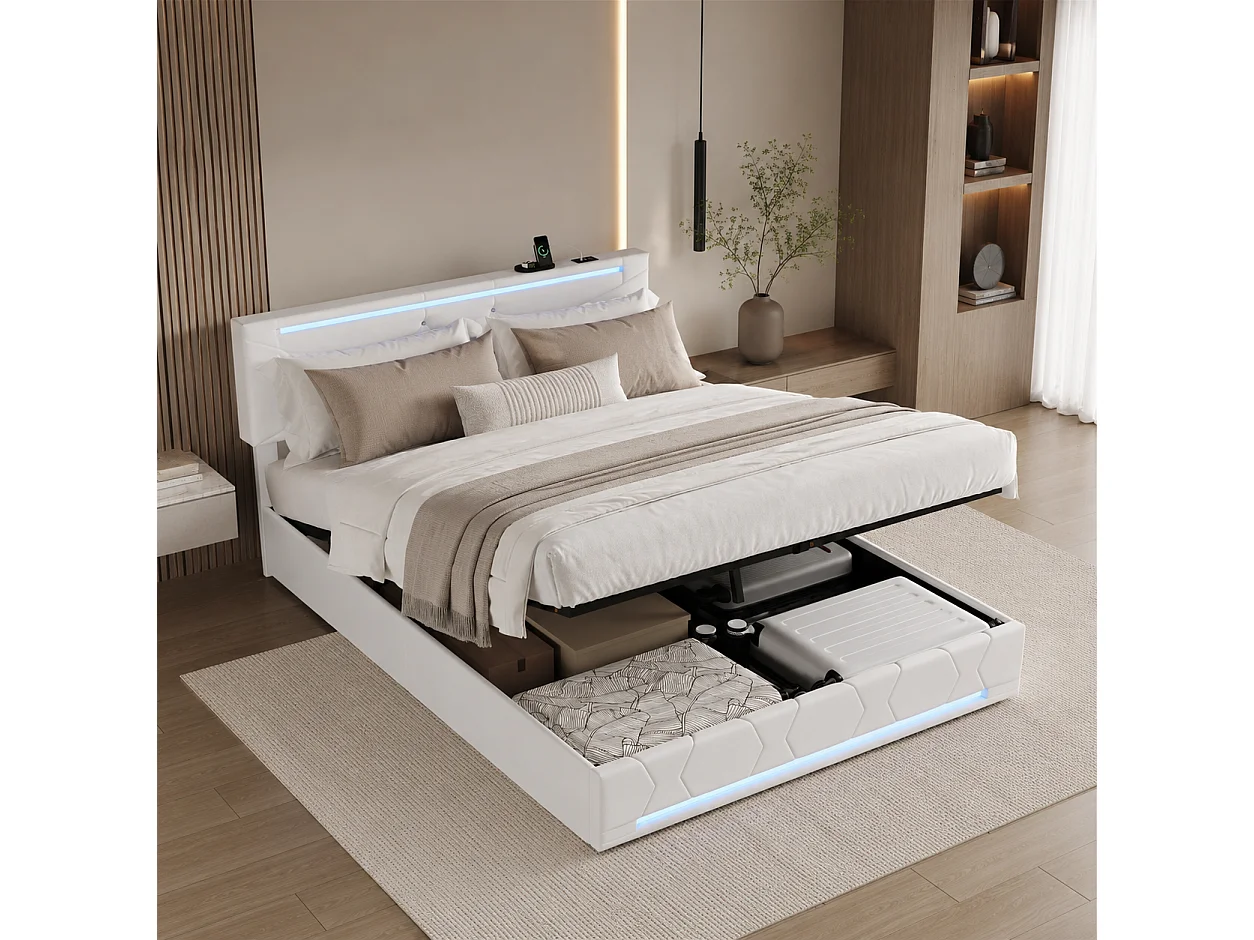 Lit Coffre 140x190 cm avec LED RGB et USB, Lit Double adulte avec Sommier à Lattes, Tête de Lit Réglable, Cadre de Lit en Métal, Lin, Blanc