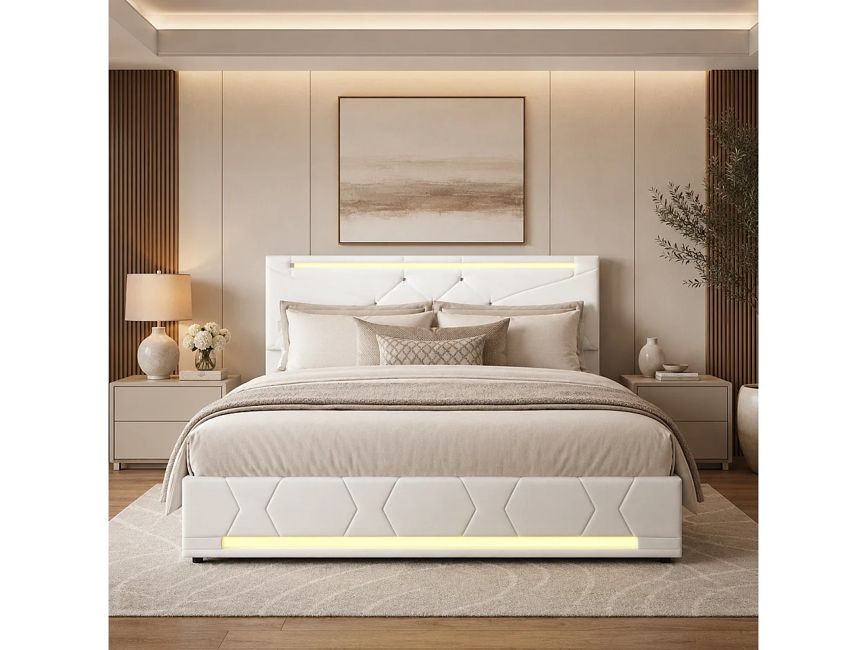 Lit Coffre 140x190 cm avec LED RGB et USB, Lit Double adulte avec Sommier à Lattes, Tête de Lit Réglable, Cadre de Lit en Métal, Lin, Blanc