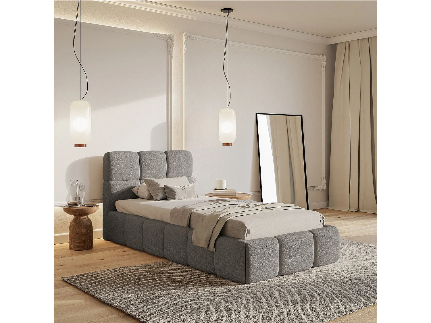 Lit rembourré 90x200 – avec coffre – Bouclé Gris – CLOUDY