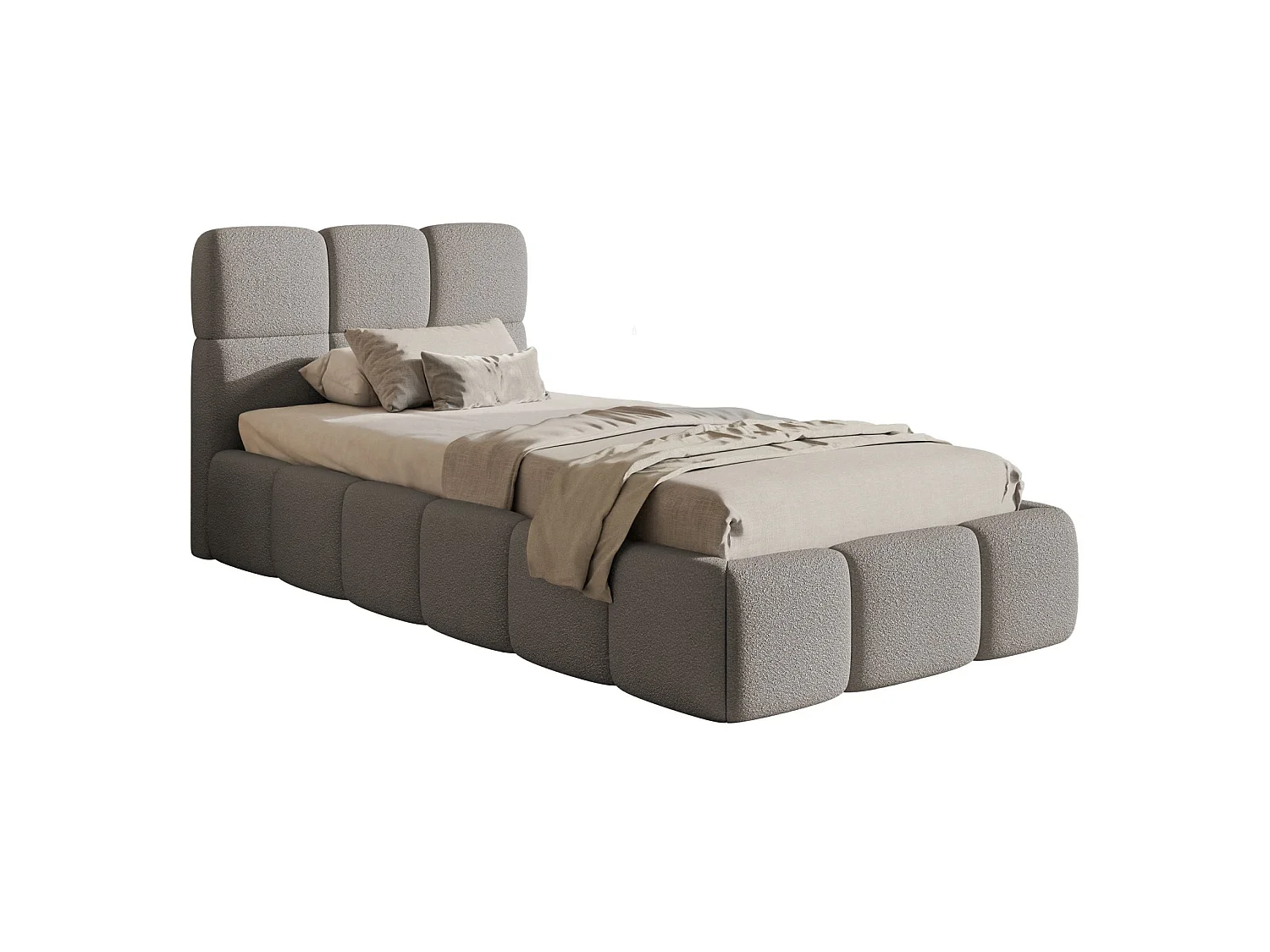 Lit rembourré 90x200 – avec coffre – Bouclé Gris – CLOUDY