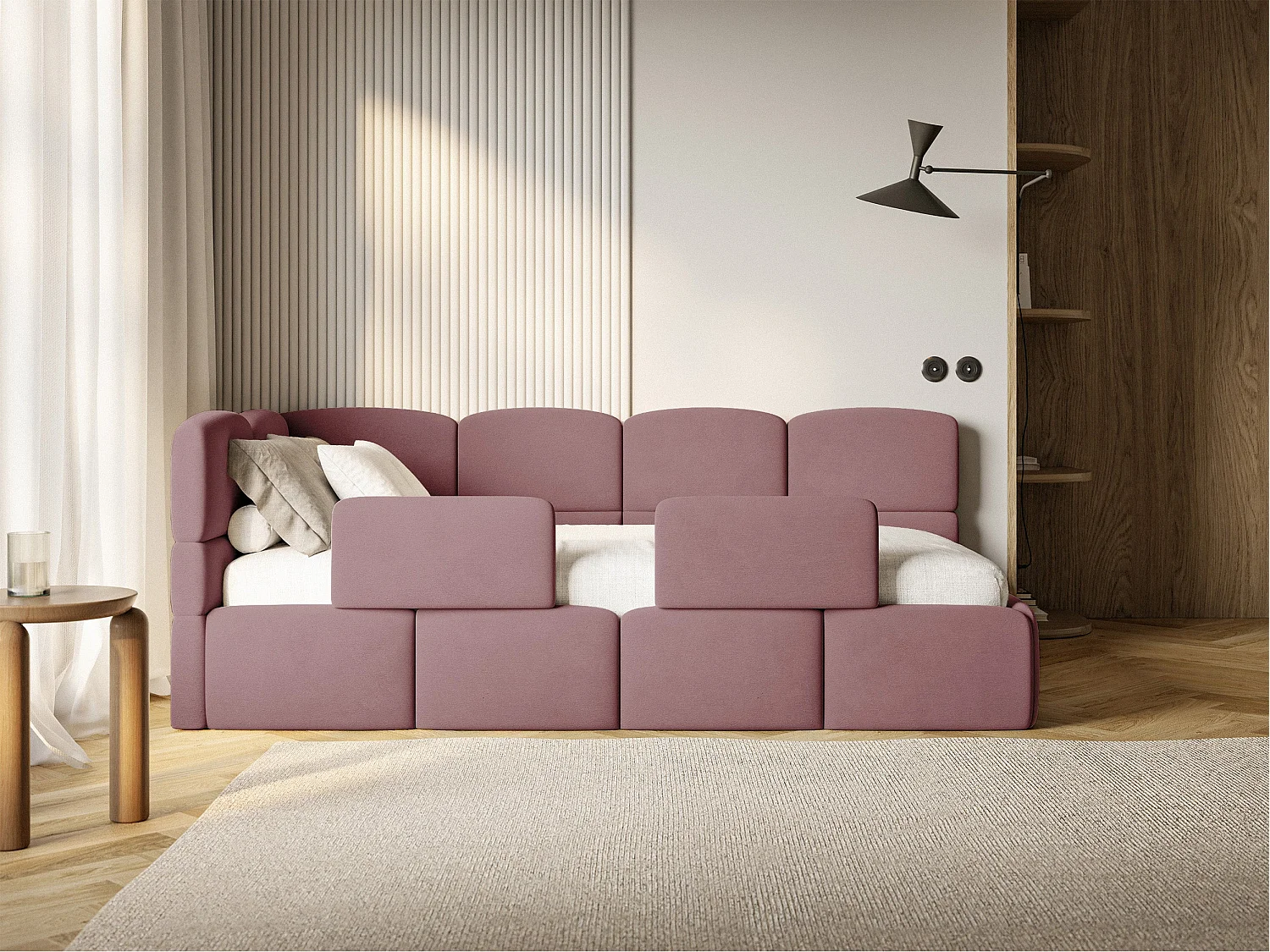 Lit enfant 90x200 – avec matelas & barrière – tête de lit à gauche – velours Rose – CLOUDY