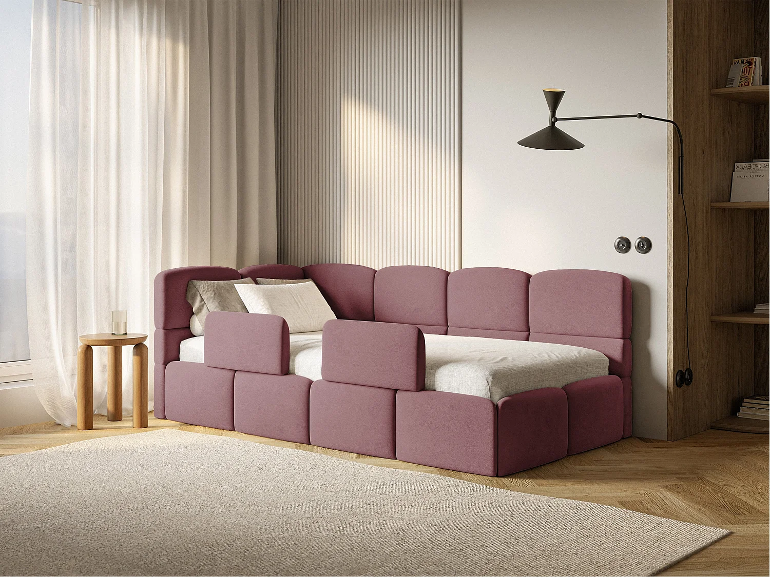 Lit enfant 90x200 – avec matelas & barrière – tête de lit à gauche – velours Rose – CLOUDY
