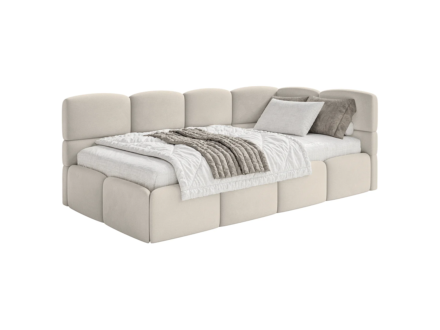 Lit ado 90x200 – tête de lit à droite – velours Beige clair – CLOUDY
