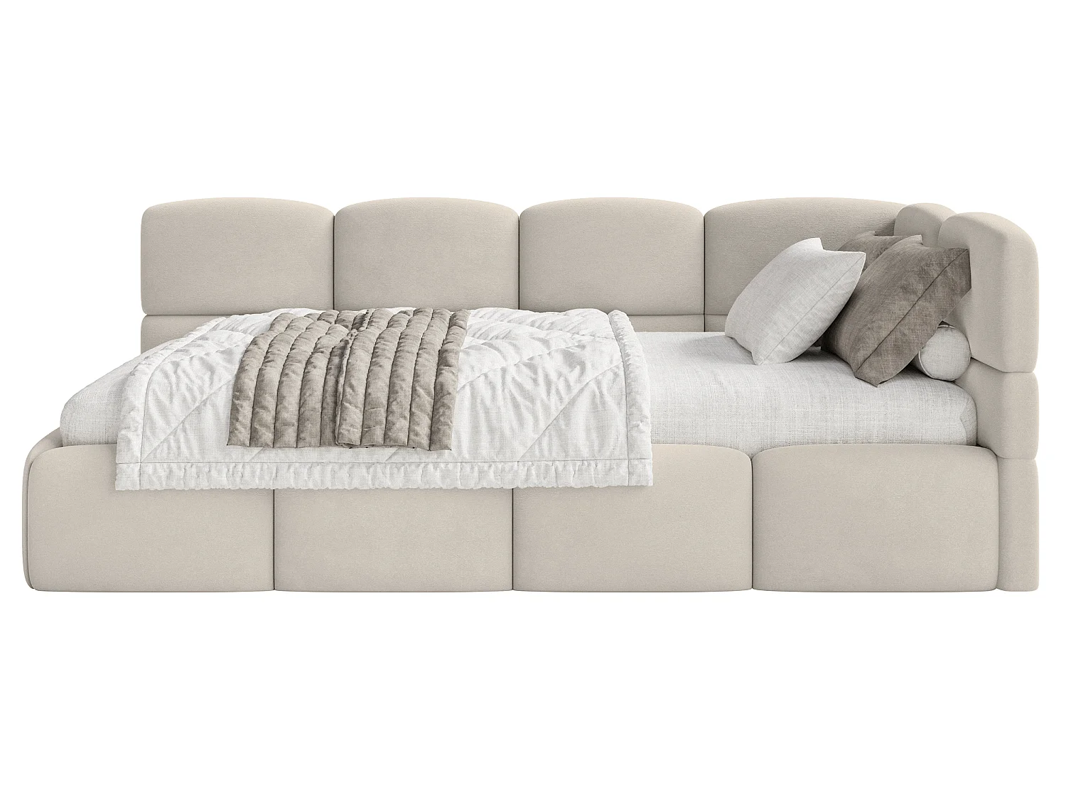 Lit ado 90x200 – tête de lit à droite – velours Beige clair – CLOUDY