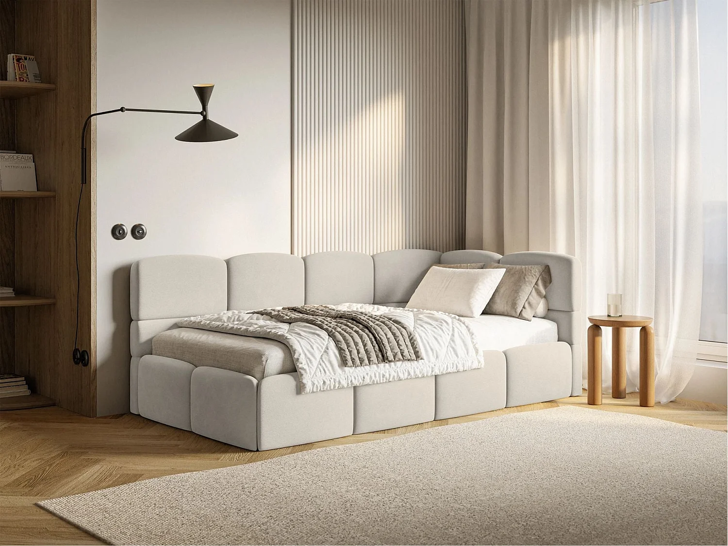Eenpersoonsbed 120x200 – fluweel – Lichtbeige – rechts – CLOUDY