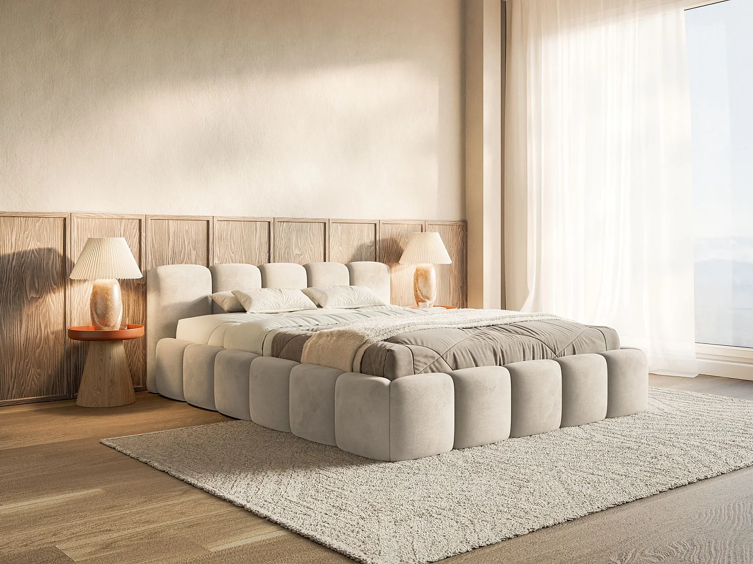 Gestoffeerd bed 120x200 – met opbergruimte – Fluweel Lichtbeige – CLOUDY LOW