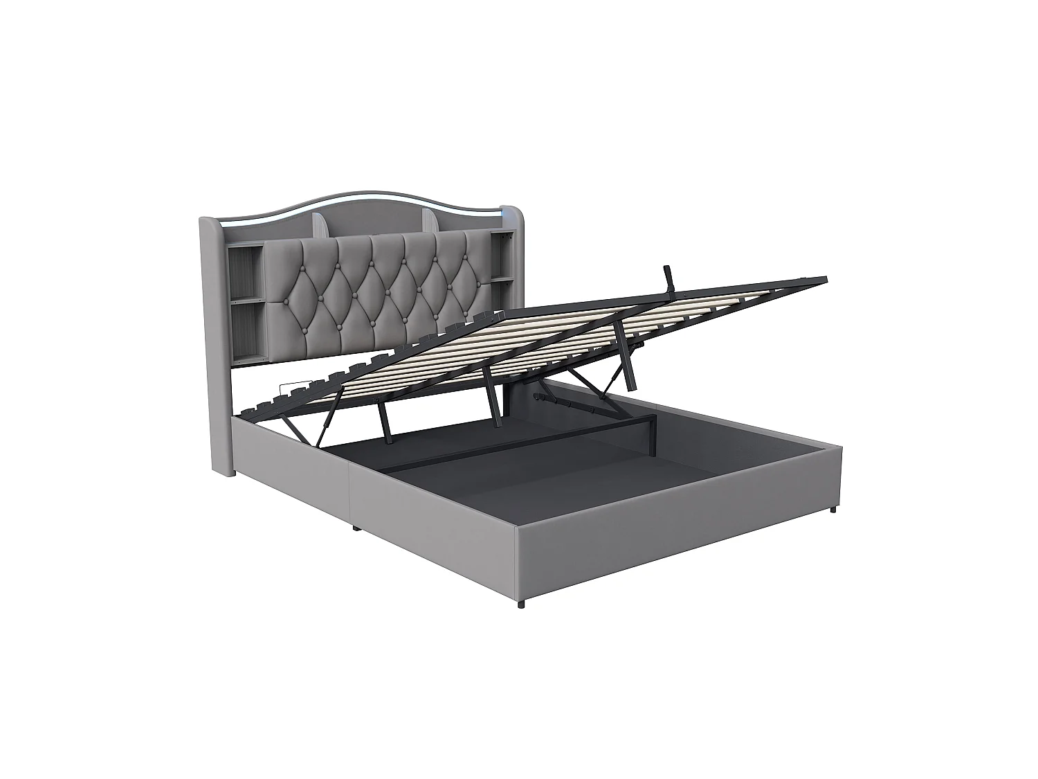 Lit Coffre 140x200 cm, Lit Double en Velours avec Éclairage LED, Prises USB/Type-C, Rangement Hydraulique, Lit adulte avec sommier à lattes, Gris