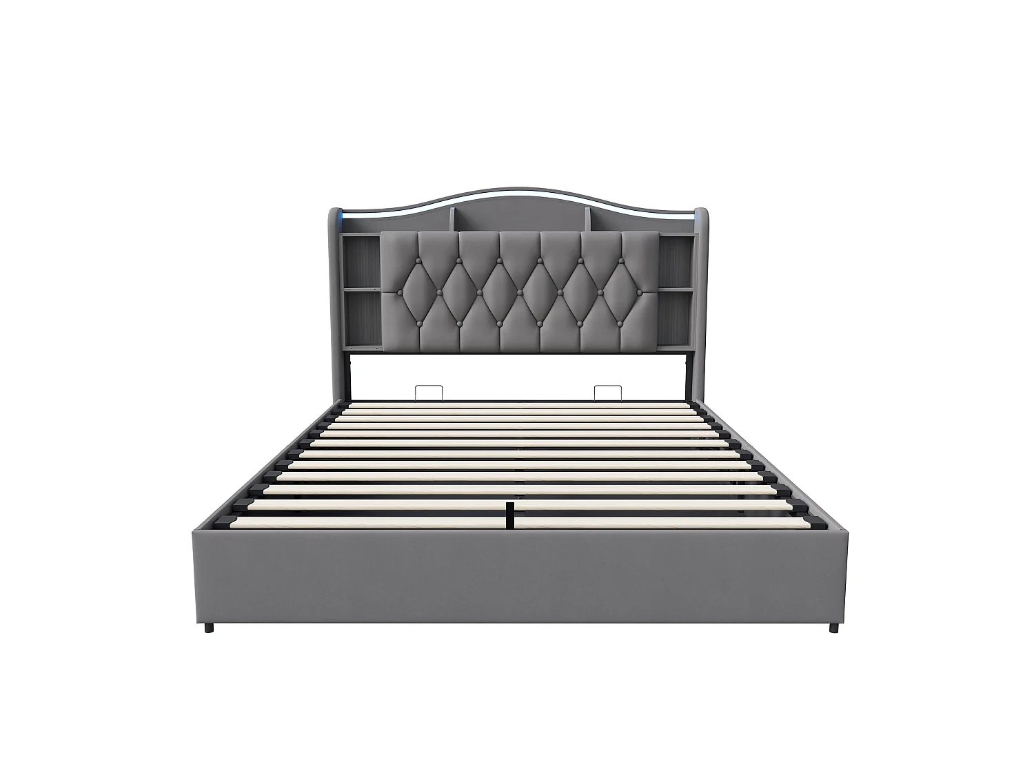 Lit Coffre 140x200 cm, Lit Double en Velours avec Éclairage LED, Prises USB/Type-C, Rangement Hydraulique, Lit adulte avec sommier à lattes, Gris