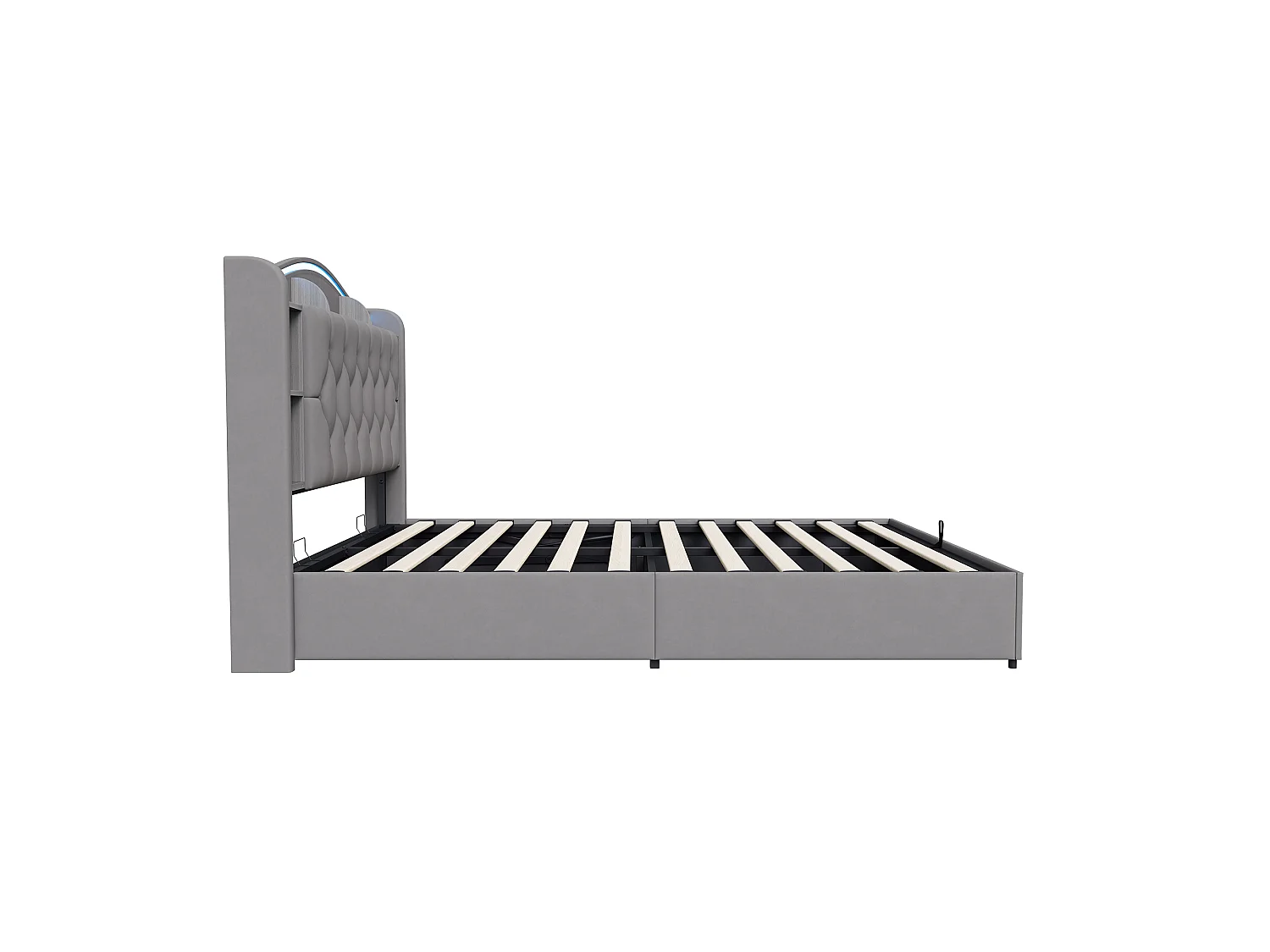 Lit Coffre 140x200 cm, Lit Double en Velours avec Éclairage LED, Prises USB/Type-C, Rangement Hydraulique, Lit adulte avec sommier à lattes, Gris