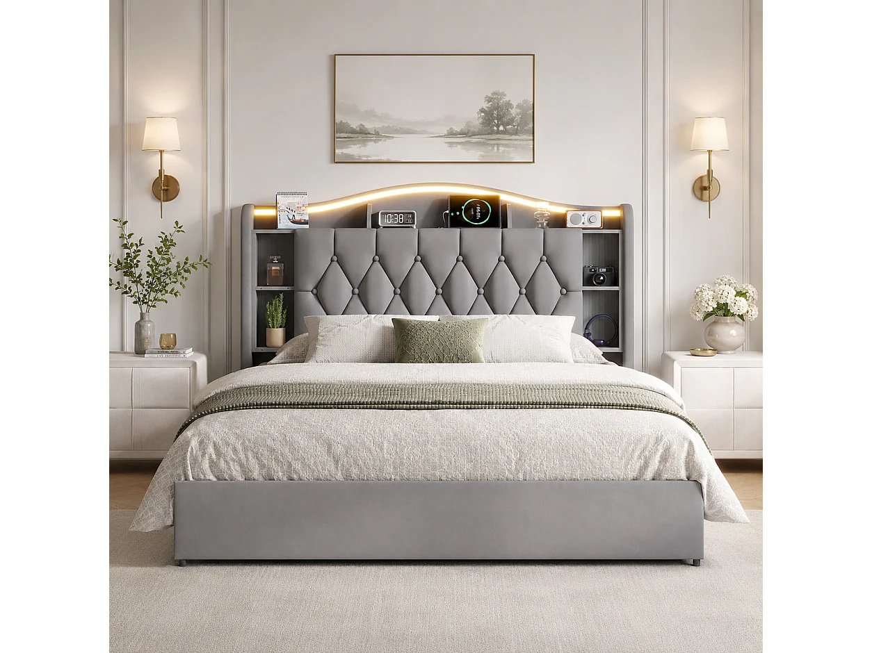 Lit Coffre 140x200 cm, Lit Double en Velours avec Éclairage LED, Prises USB/Type-C, Rangement Hydraulique, Lit adulte avec sommier à lattes, Gris