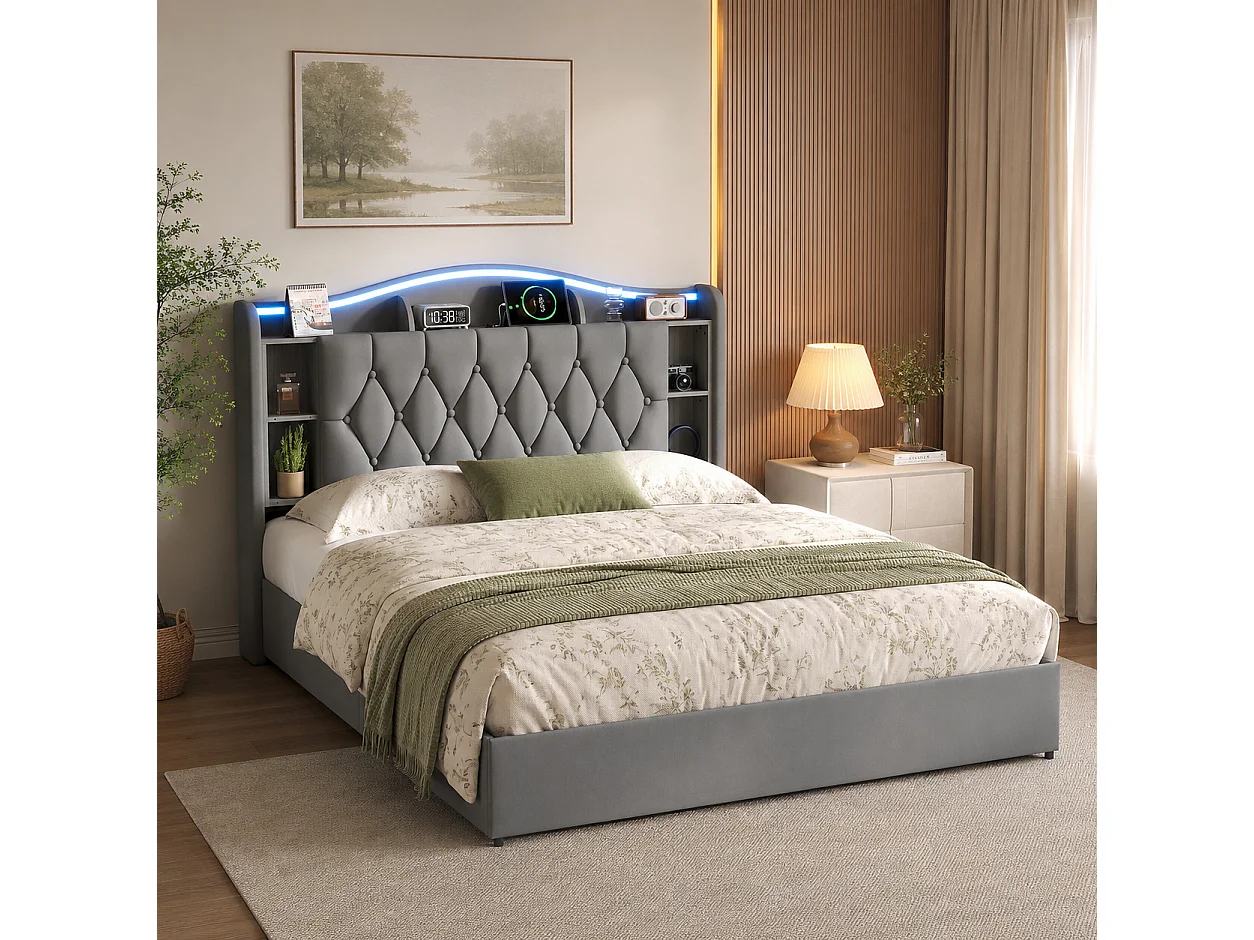 Lit Coffre 140x200 cm, Lit Double en Velours avec Éclairage LED, Prises USB/Type-C, Rangement Hydraulique, Lit adulte avec sommier à lattes, Gris