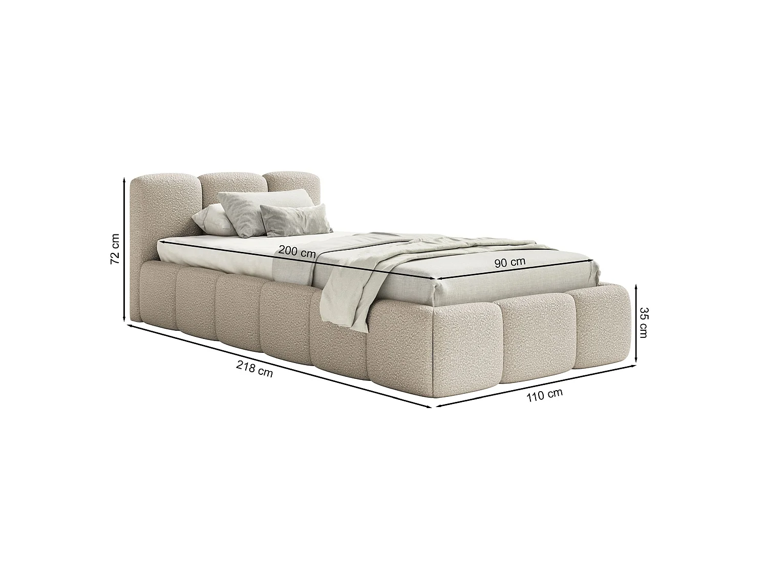 Lit rembourré 90x200 – avec coffre – Bouclé Vert olive – CLOUDY LOW