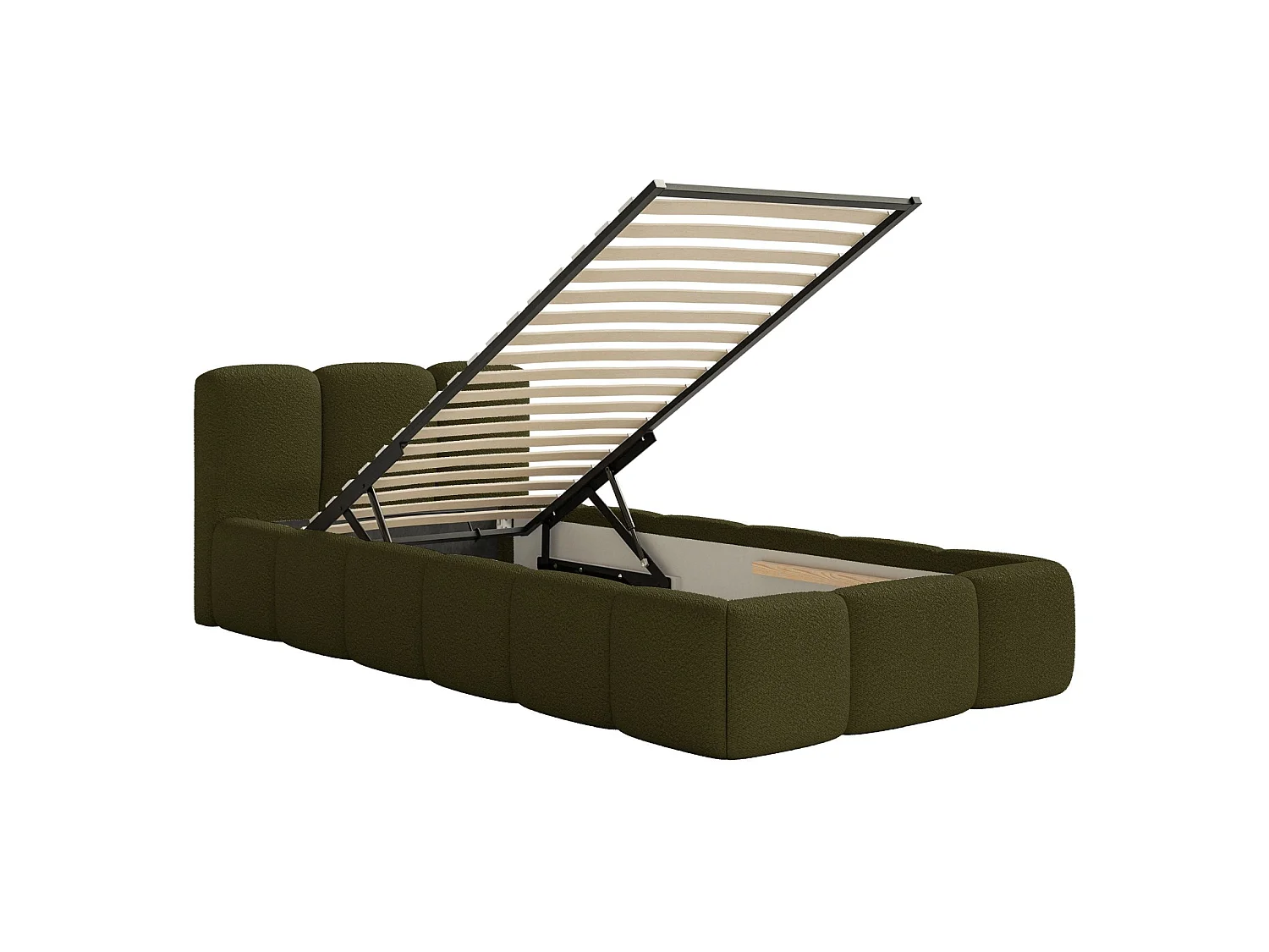 Lit rembourré 90x200 – avec coffre – Bouclé Vert olive – CLOUDY LOW