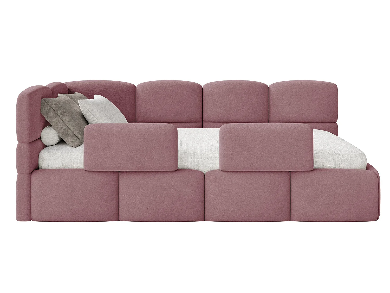 Lit enfant 90x200 – barrière – tête de lit à gauche – velours Rose – CLOUDY