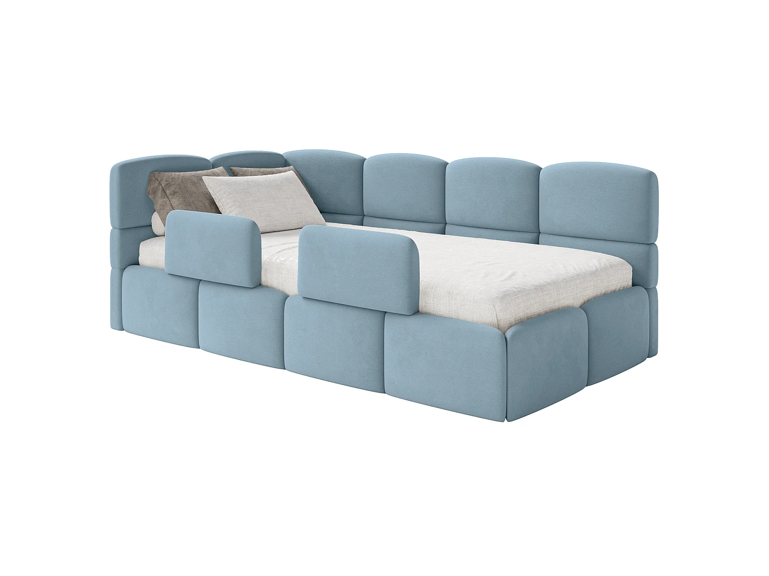 Lit enfant 90x200 – avec matelas & barrière – tête de lit à gauche – velours Bleu clair – CLOUDY