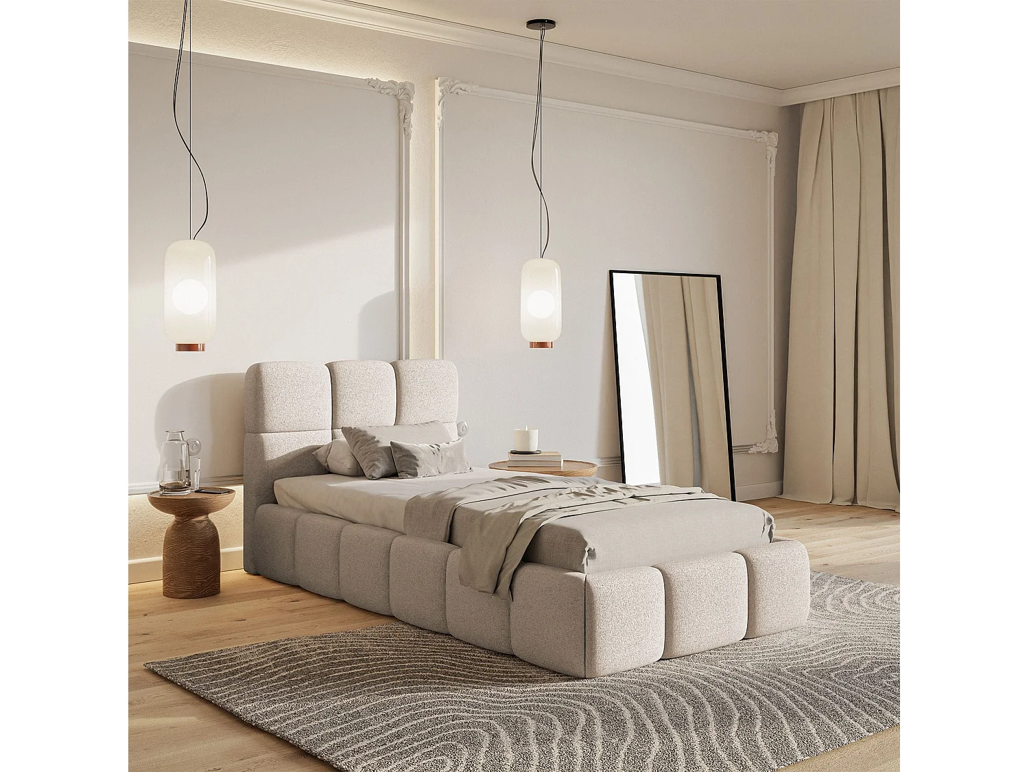 Gestoffeerd bed 90x200 cm – opbergruimte – Chenille Lichtbeige – CLOUDY