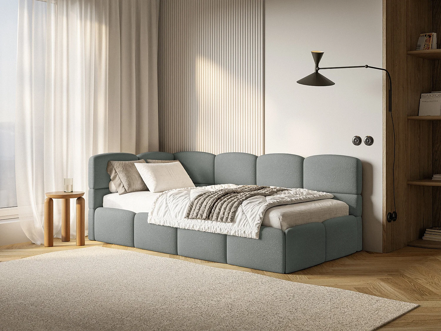 Jugendbett 120 cm – Bettkasten – Chenille – Kopfteil links – DunkelGrau – CLOUDY