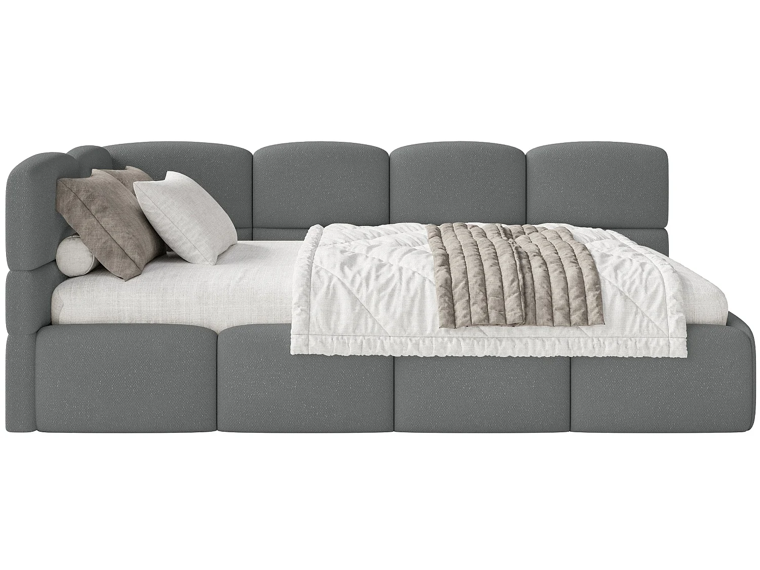Jugendbett 120 cm – Bettkasten – Chenille – Kopfteil links – DunkelGrau – CLOUDY