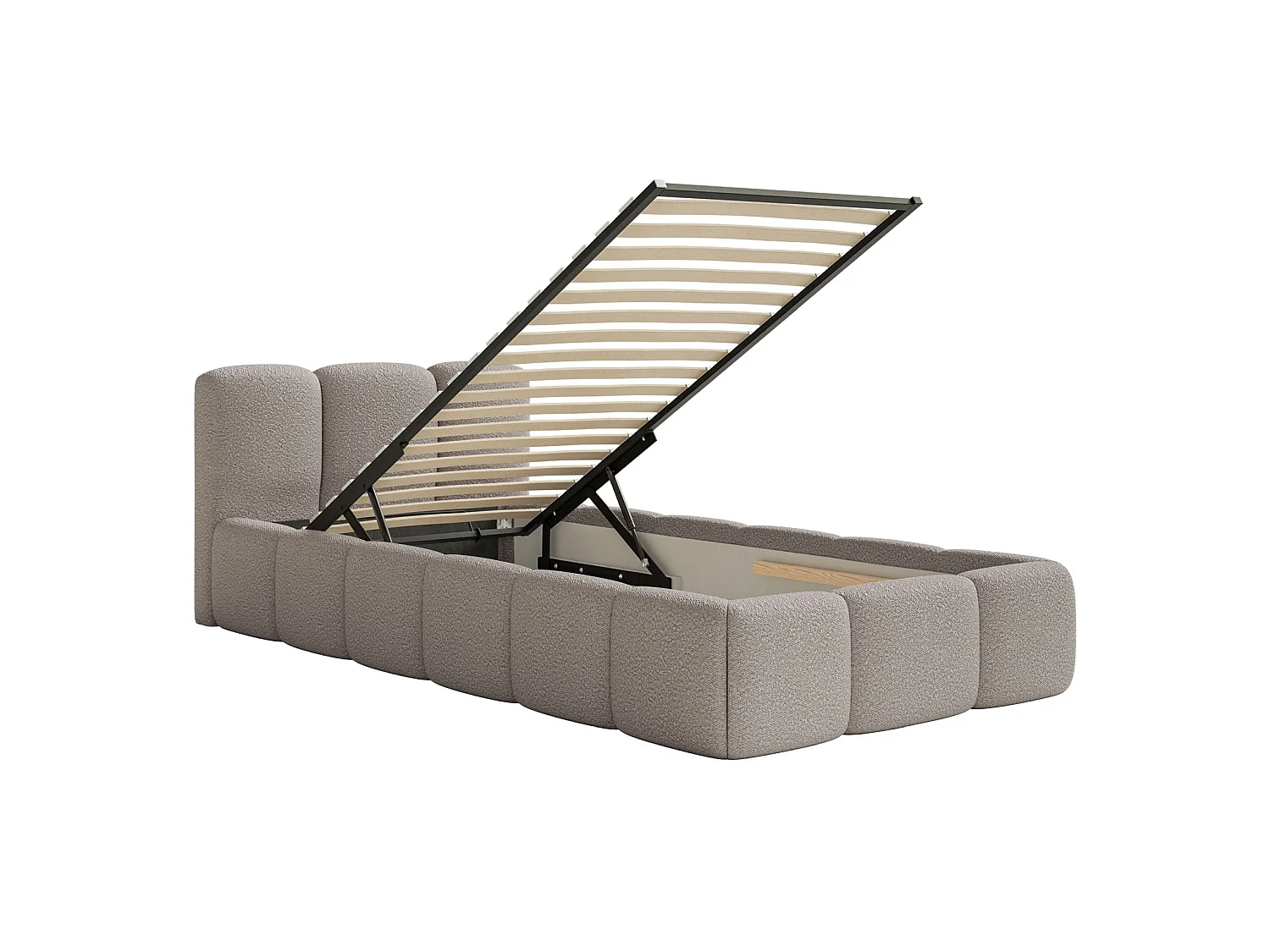 Lit rembourré 90x200 – avec coffre – Bouclé Gris clair – CLOUDY LOW