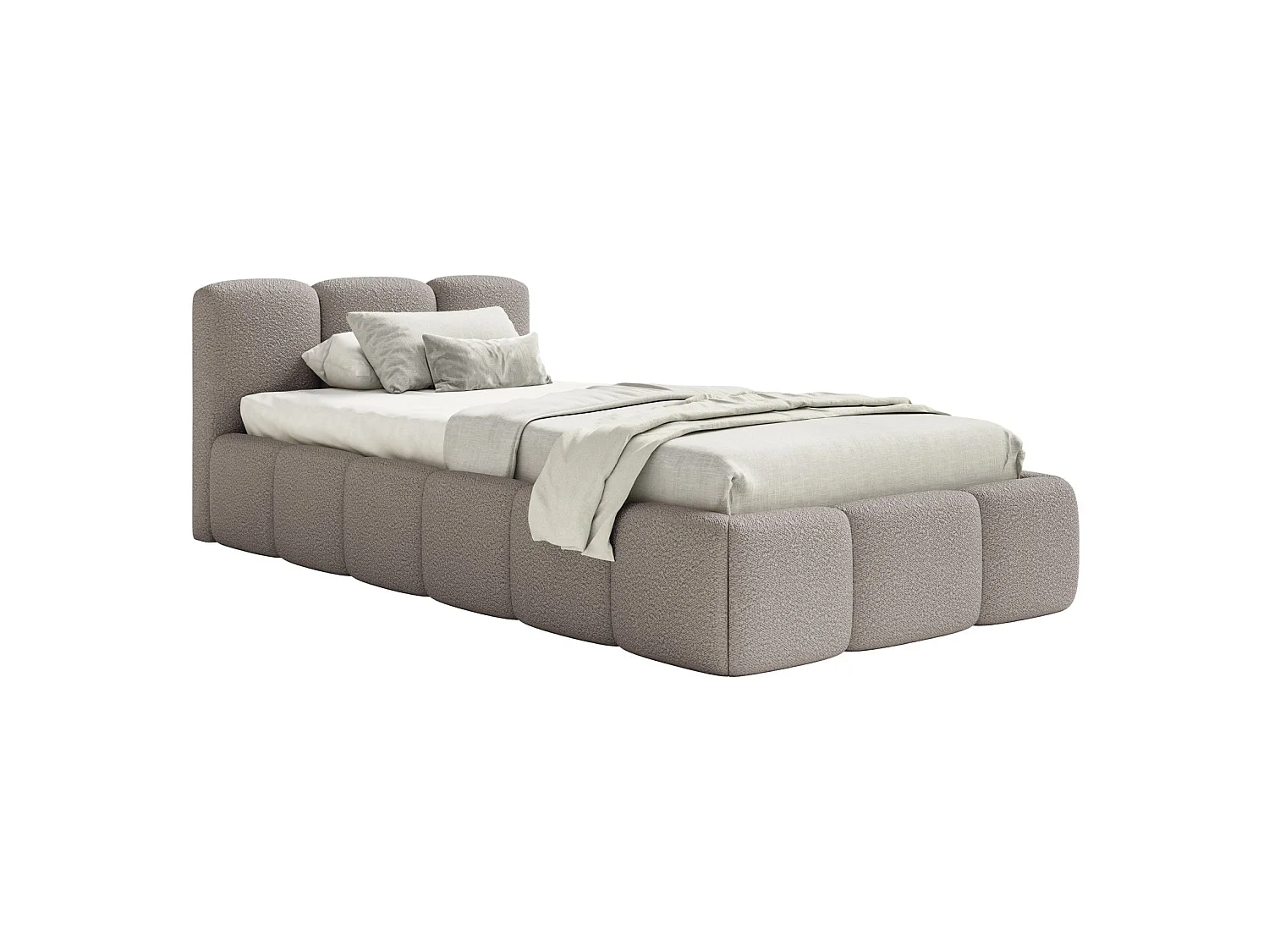 Lit rembourré 90x200 – avec coffre – Bouclé Gris clair – CLOUDY LOW