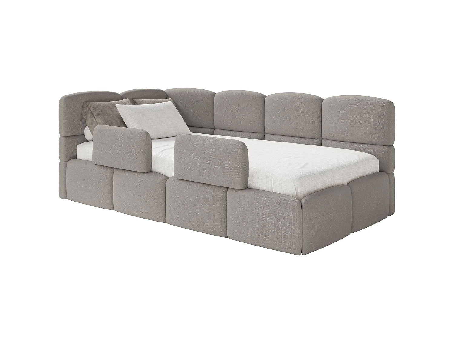 Kinderbett 120 cm – Bettkasten – 2x Rausfallschutz – Chenille – links – HellBraun – CLOUDY