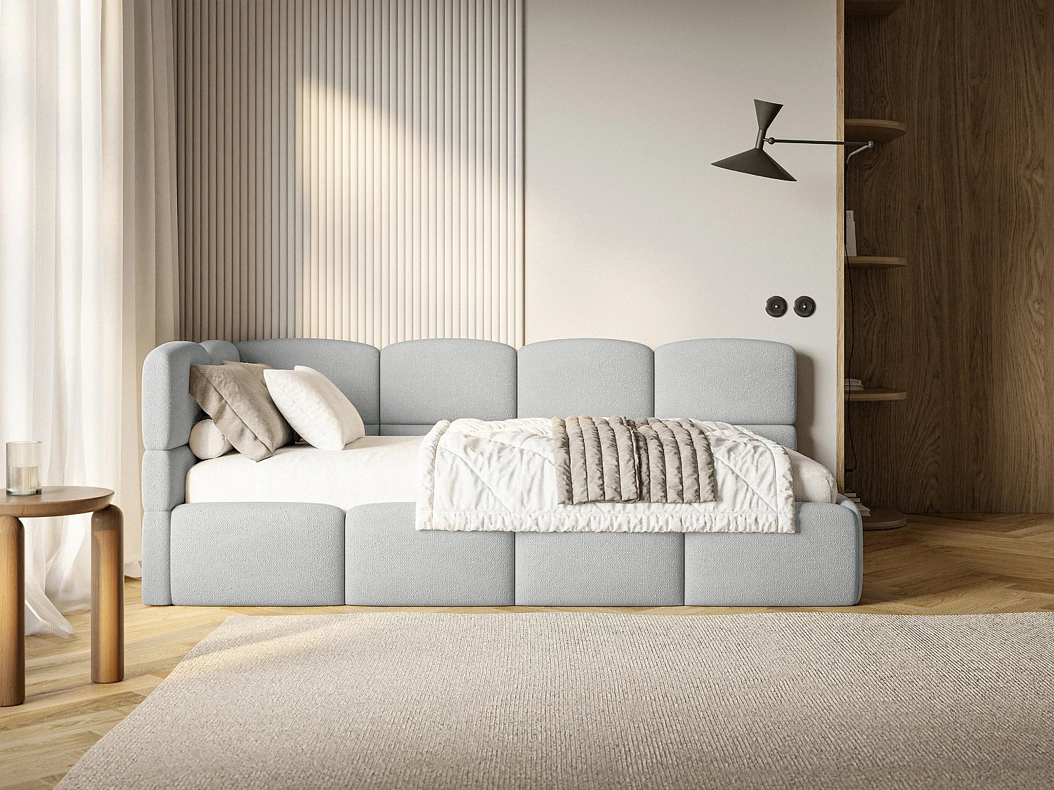 Jugendbett 120 cm – Bettkasten – Chenille – Kopfteil links – Hellgrau – CLOUDY