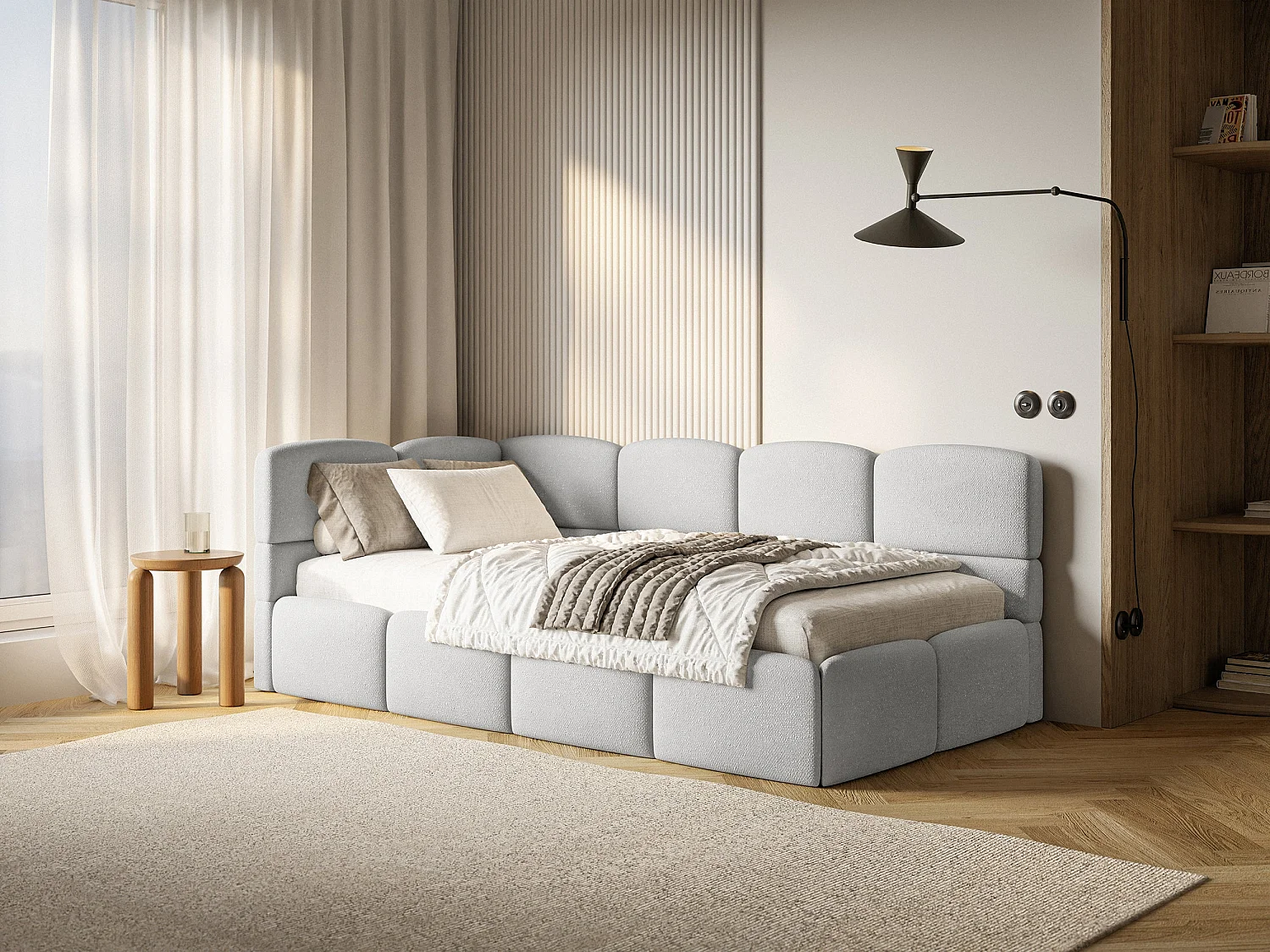 Jugendbett 120 cm – Bettkasten – Chenille – Kopfteil links – Hellgrau – CLOUDY
