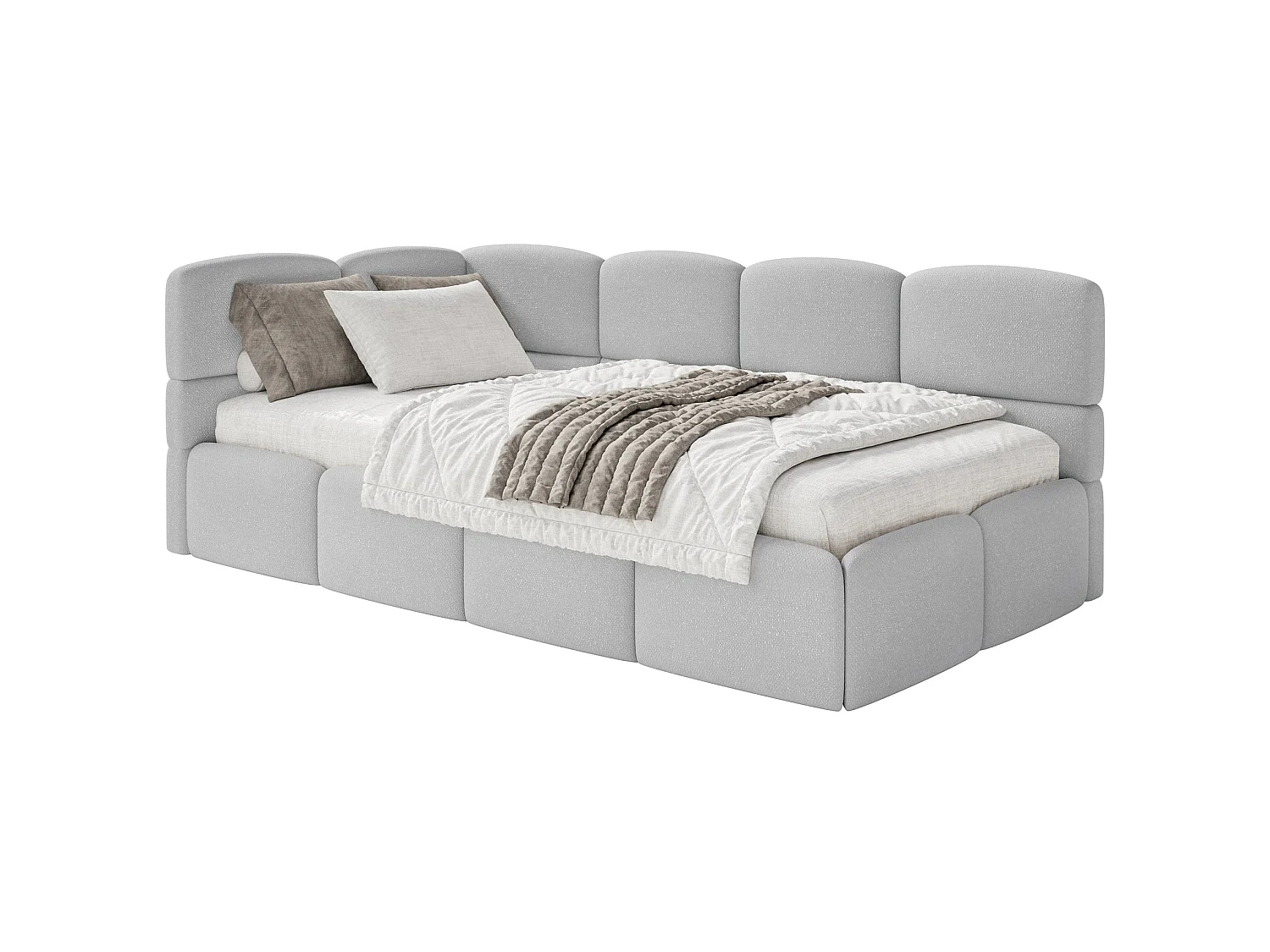 Jugendbett 120 cm – Bettkasten – Chenille – Kopfteil links – Hellgrau – CLOUDY