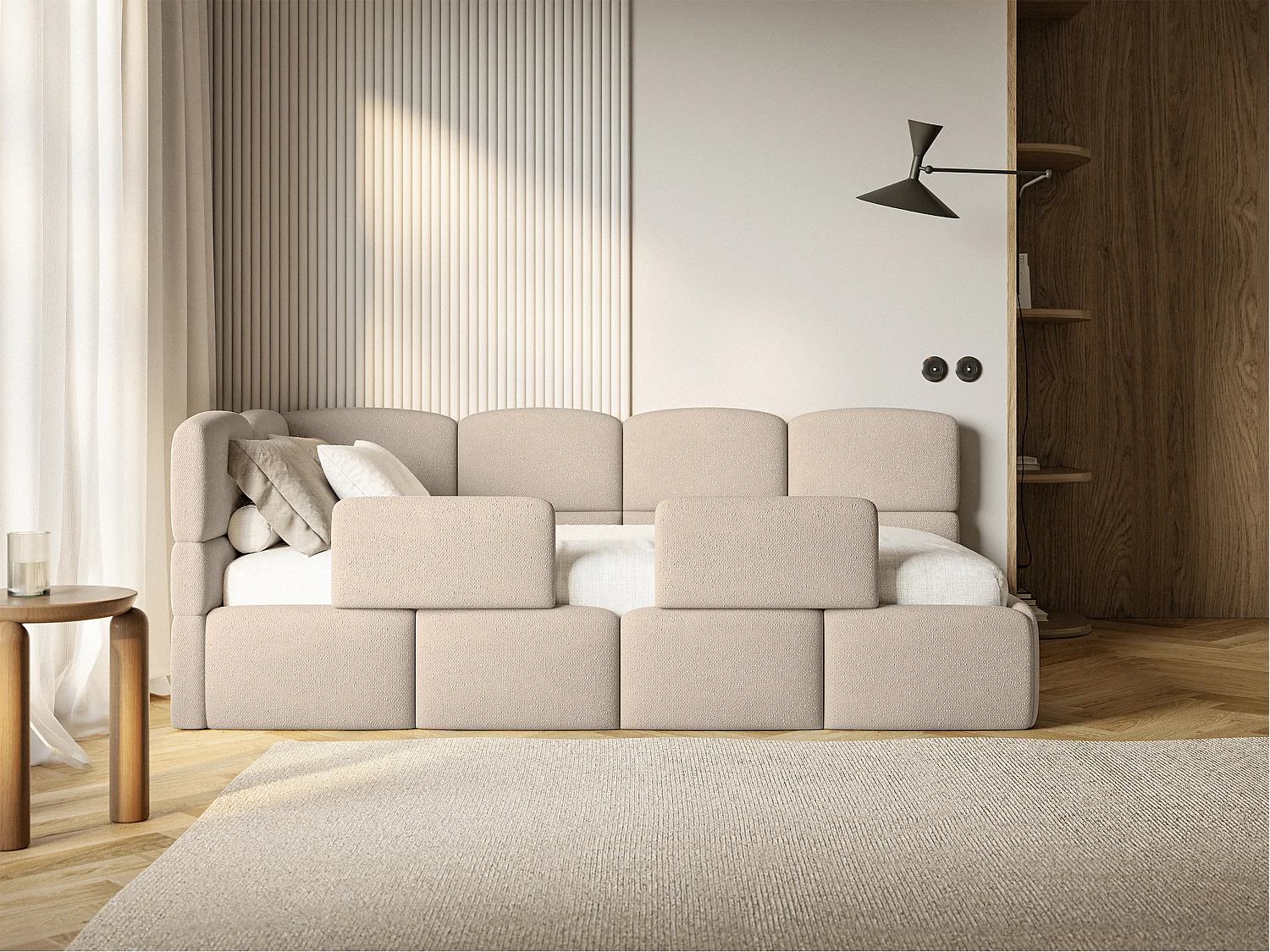Kinderbett 120 cm – Bettkasten – 2x Rausfallschutz – Chenille – links – Beige – CLOUDY