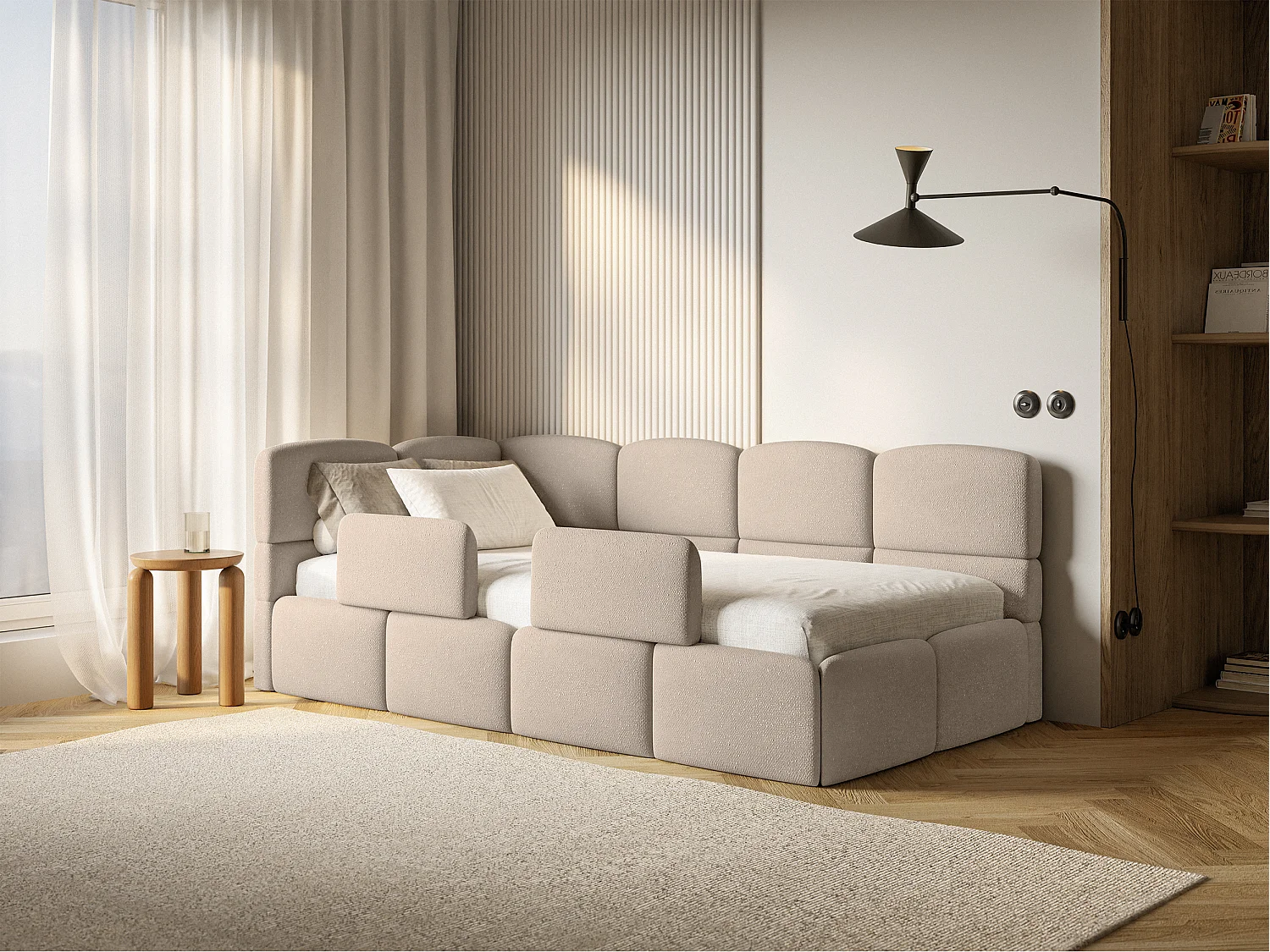 Kinderbett 120 cm – Bettkasten – 2x Rausfallschutz – Chenille – links – Beige – CLOUDY