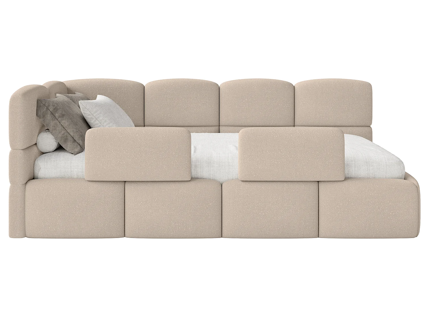 Kinderbett 120 cm – Bettkasten – 2x Rausfallschutz – Chenille – links – Beige – CLOUDY