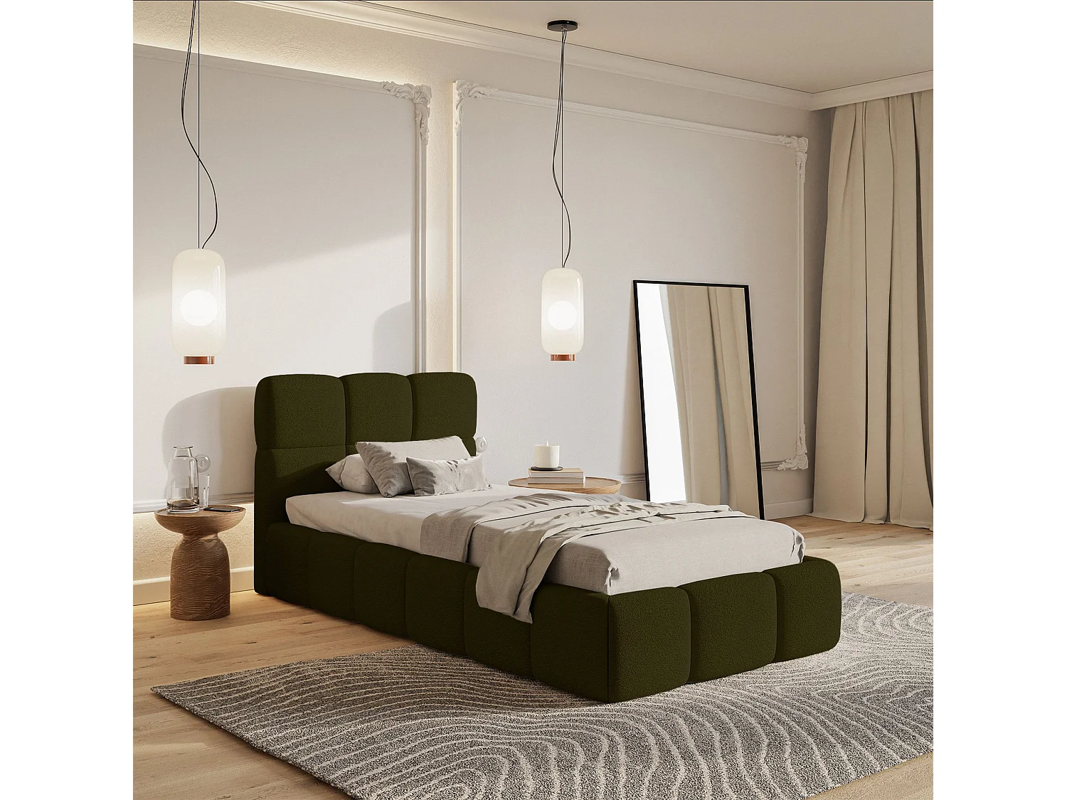 Lit rembourré 90x200 – Bouclé Vert olive – CLOUDY
