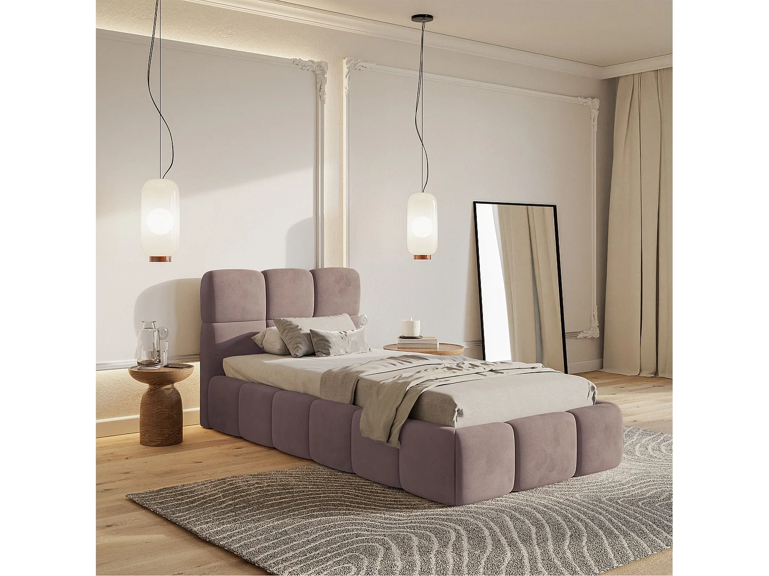 Gestoffeerd bed 90x200 cm – opbergruimte – Fluweel Lichtroze – CLOUDY