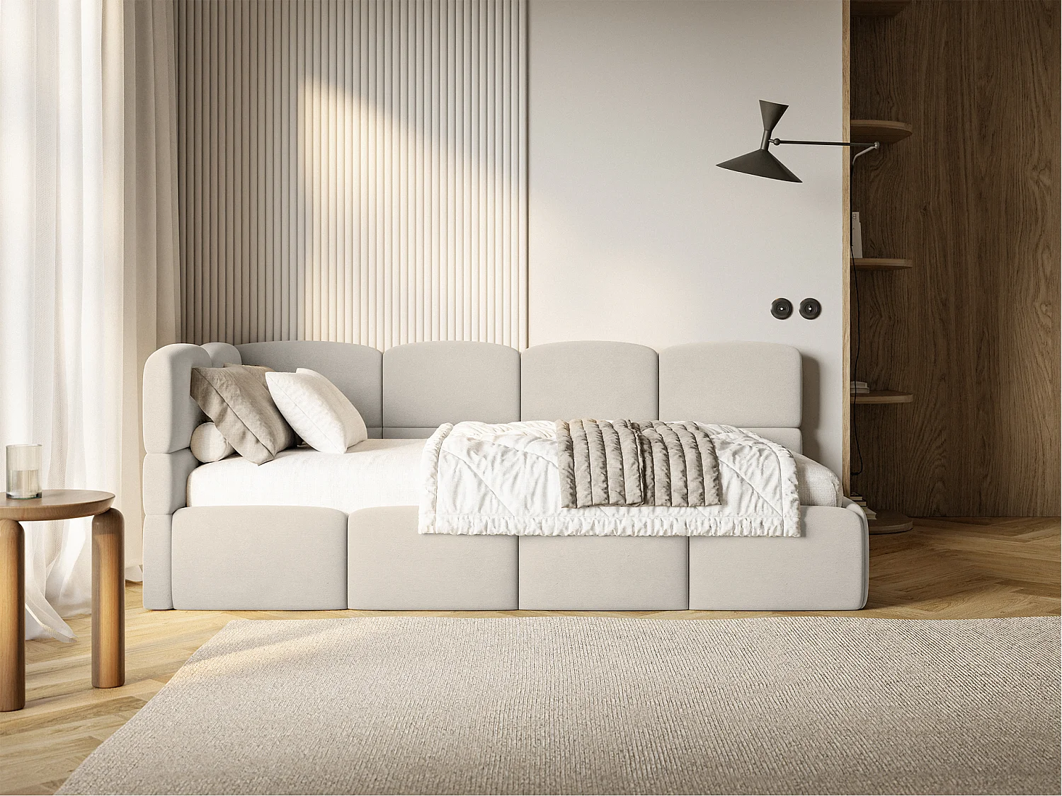Lit ado 90x200 avec matelas – tête de lit à gauche – velours Beige clair – CLOUDY