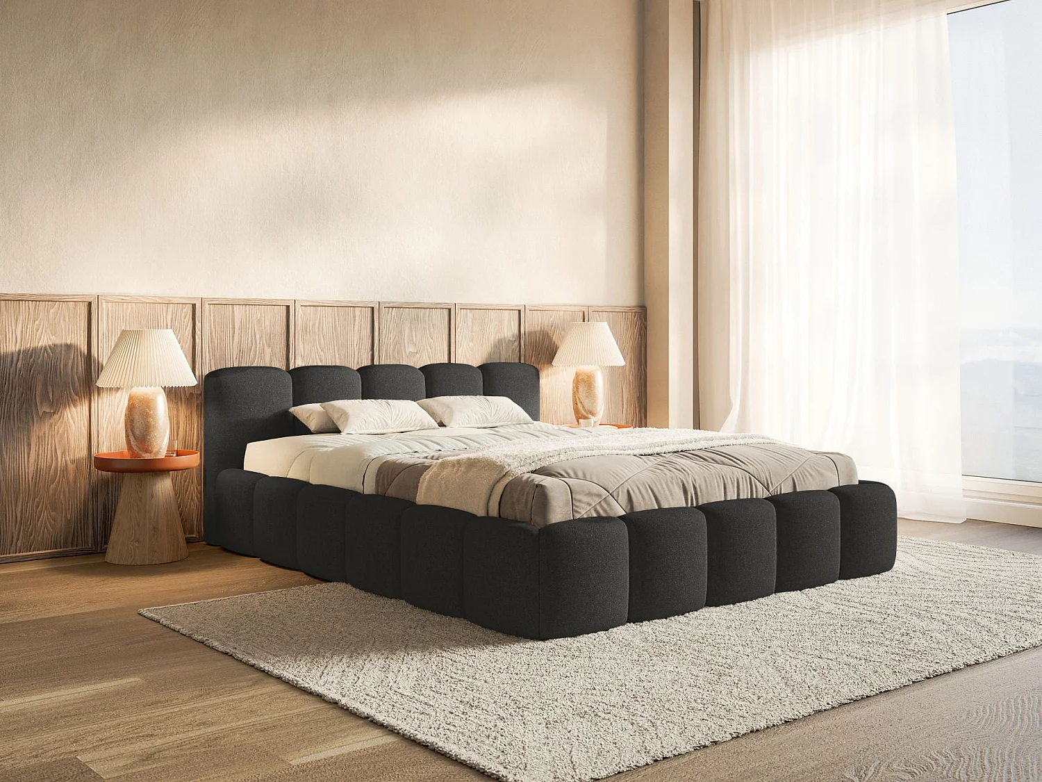 Lit rembourré 120x200 – avec coffre – Chenille Graphite – CLOUDY LOW
