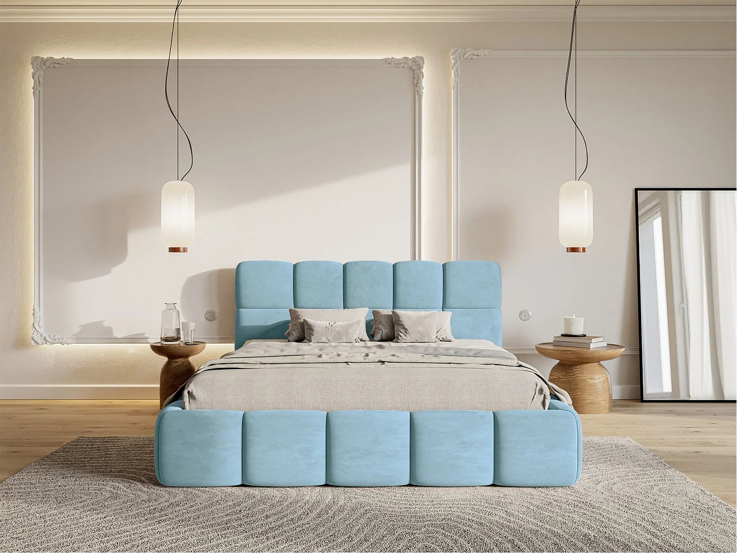 Lit rembourré 120x200 – Velours Bleu clair – Cloudy